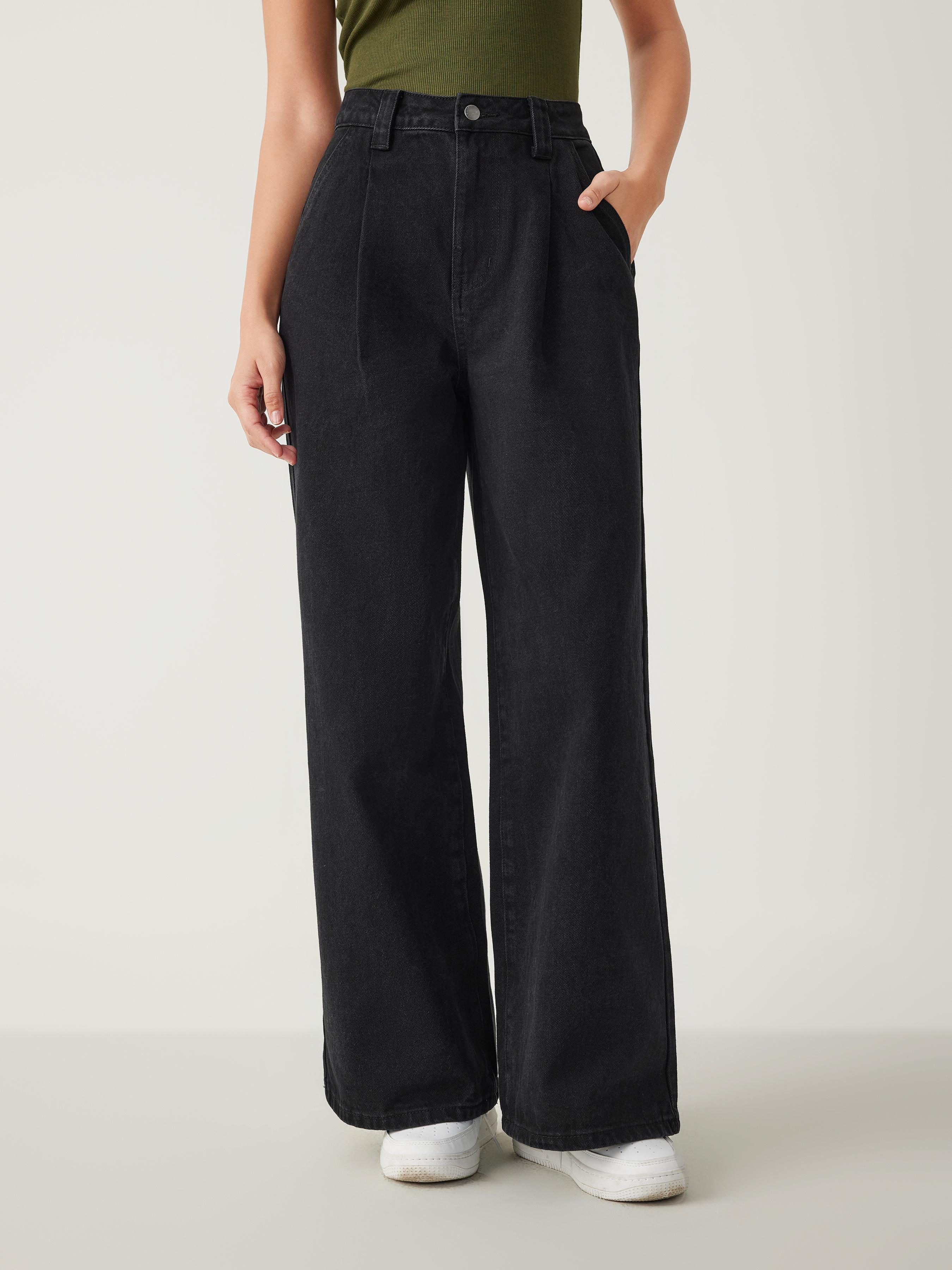 Denim High Waist Pleated Straight Leg Jeans by CIDER