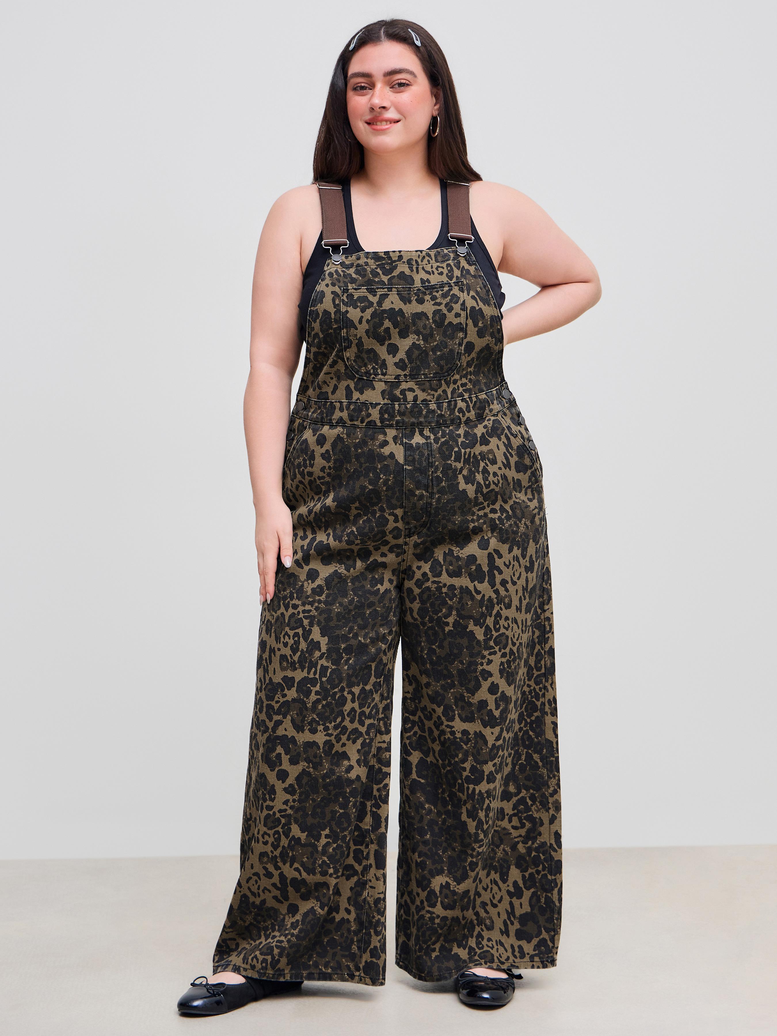 Denim Leopard Button Pocket Wide Leg Jumpsuit Curve & Plus by CIDER