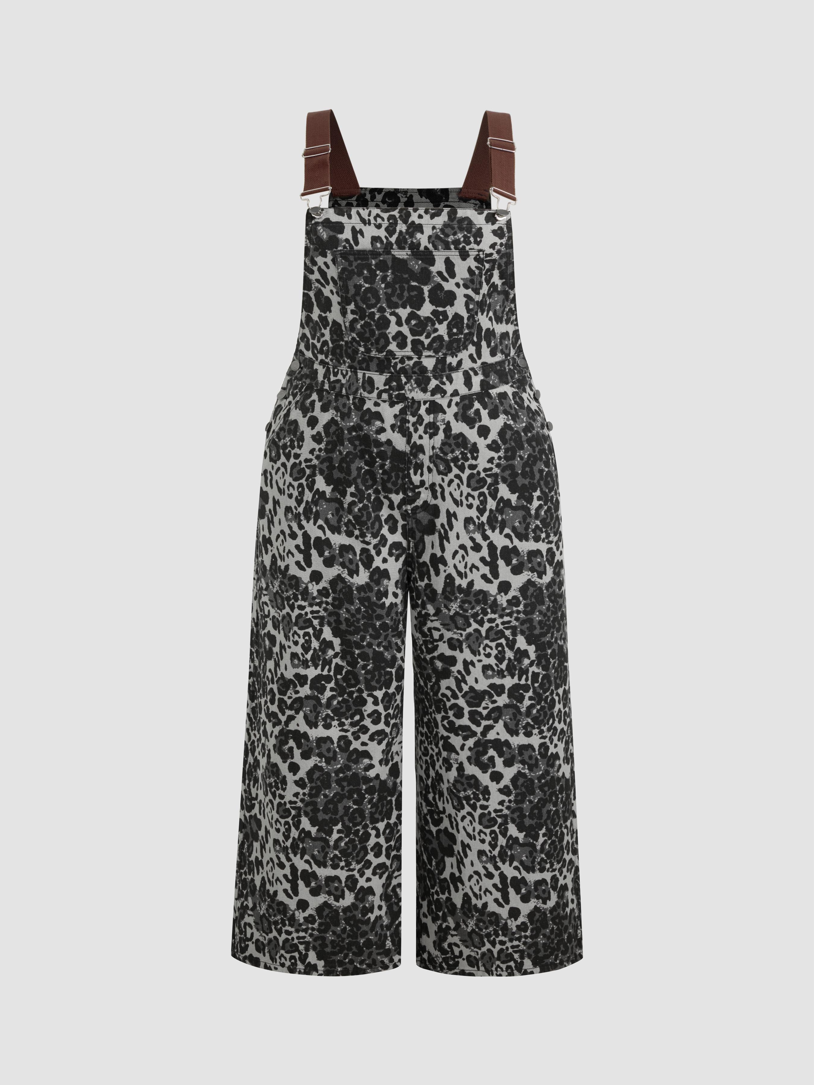 Denim Leopard Button Pocket Wide Leg Jumpsuit Curve & Plus by CIDER