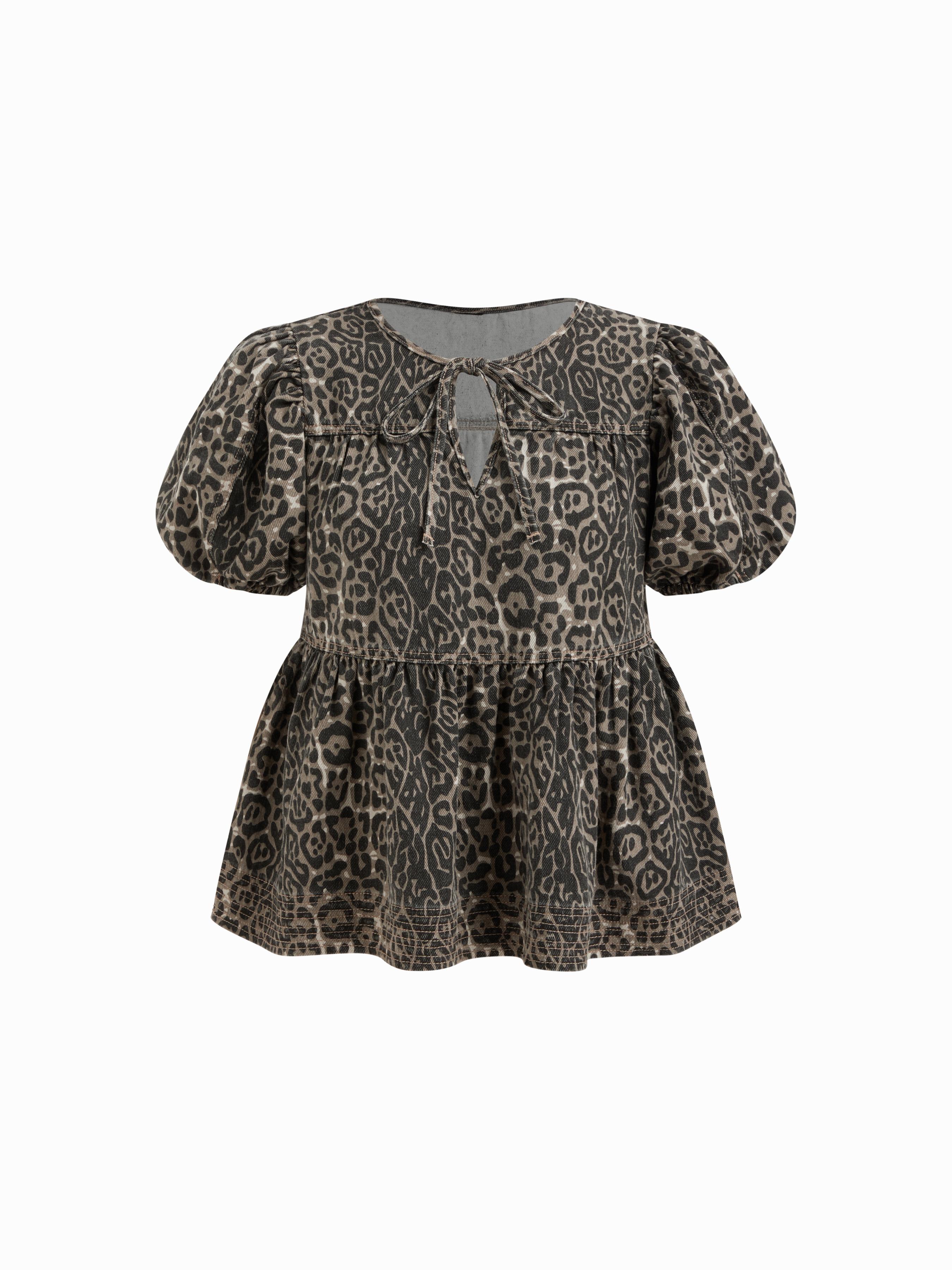 Denim Leopard Print Tie Front Ruffle Puff Sleeve Oversized Blouse by CIDER