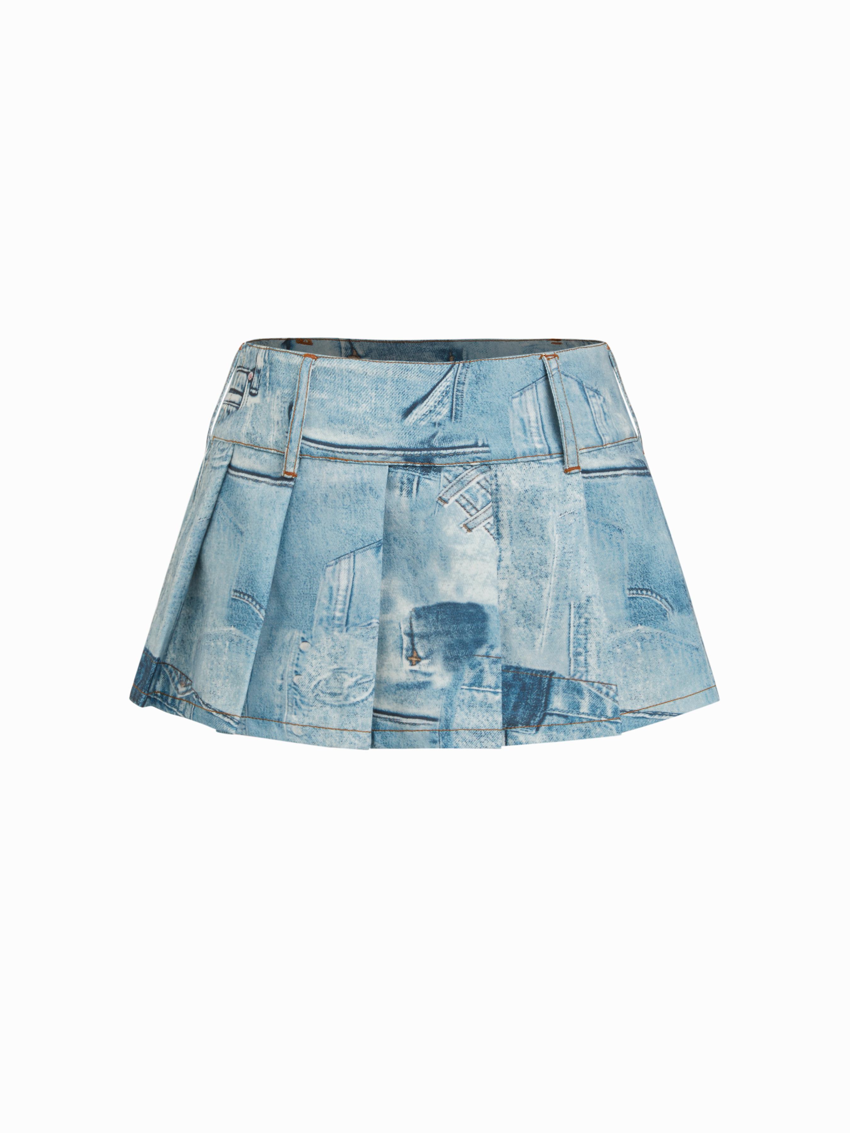 Denim Low Rise Abstract Graphic Pleated Micro Mini Skirt by CIDER