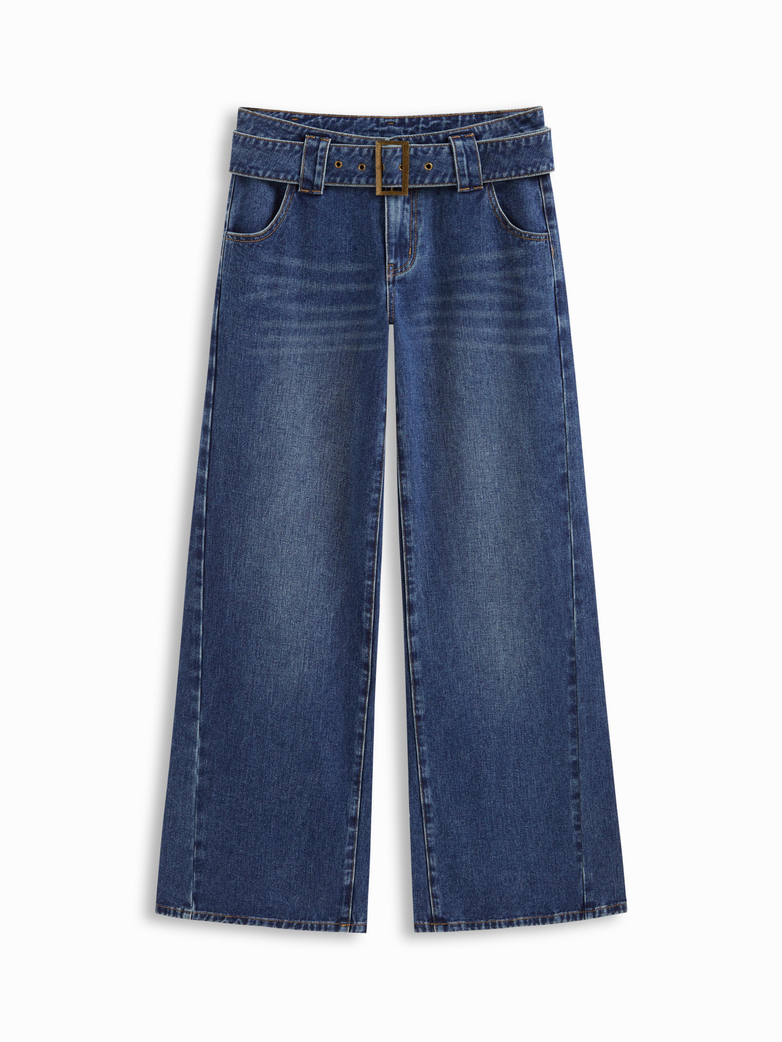 Denim Low Rise Baggy Jeans With Belt by CIDER