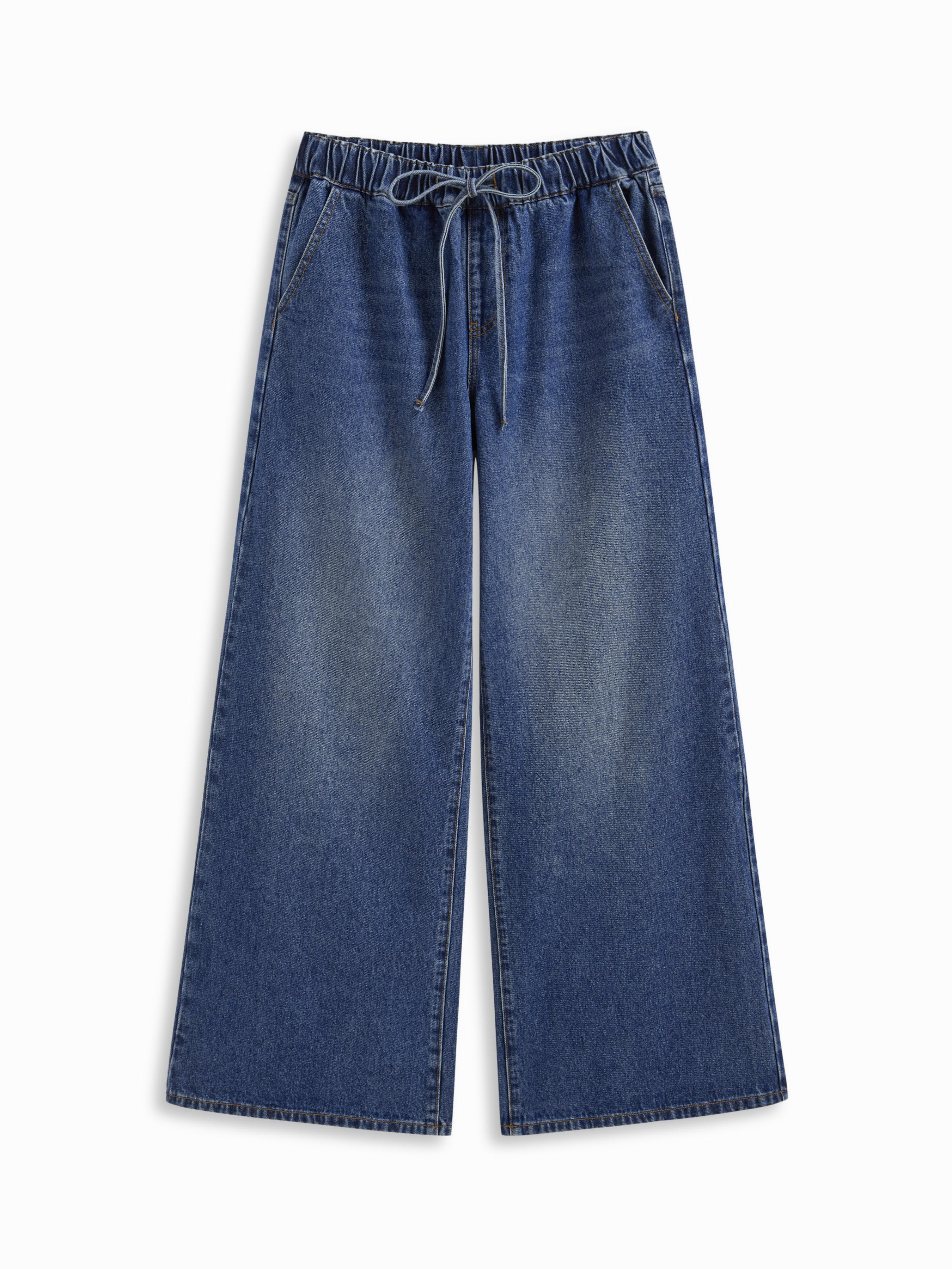 Denim Low Rise Elastic Waist Drawstring Wide Leg Jeans by CIDER