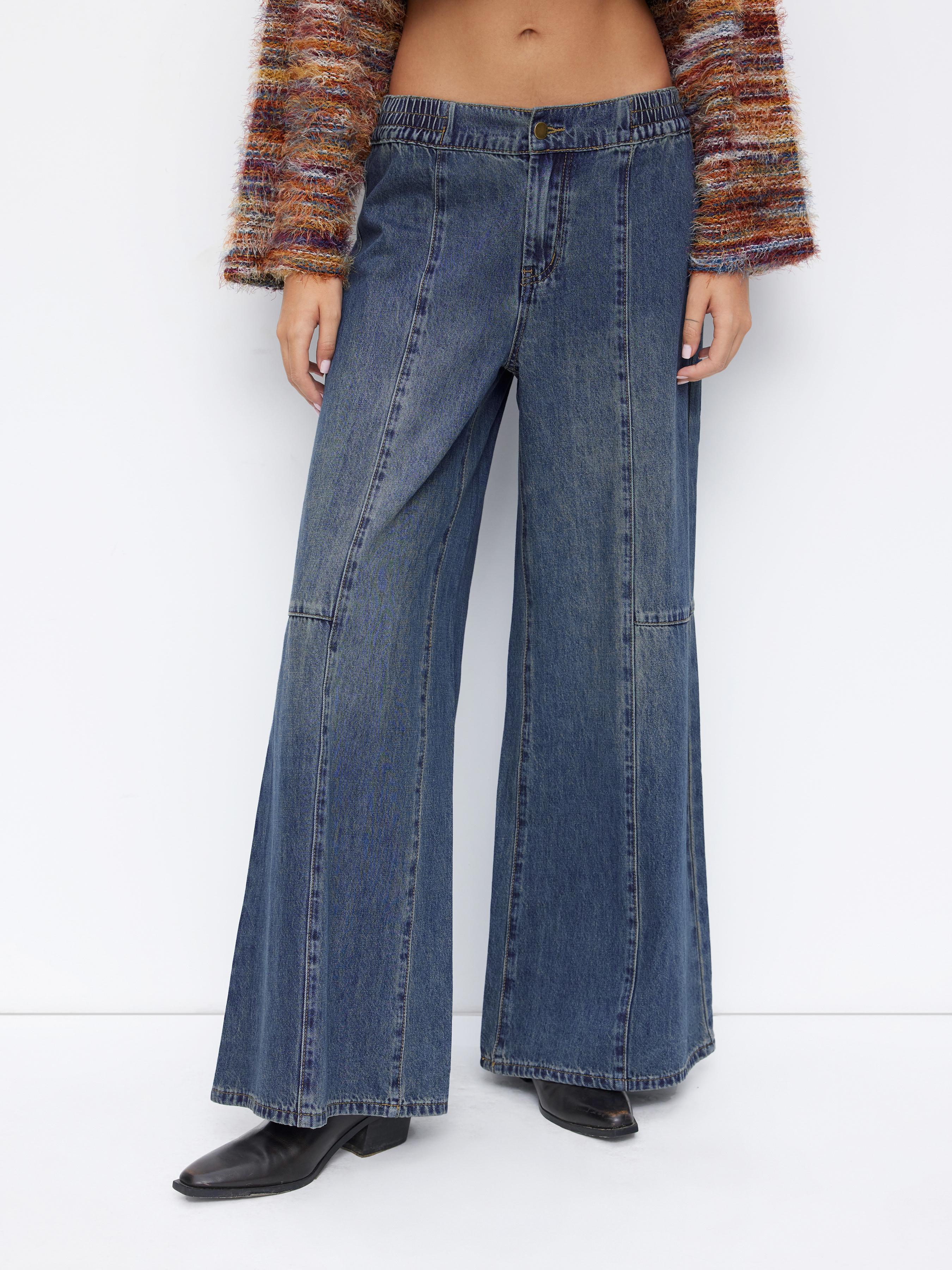 Denim Low Rise Elastic Waist Oversized Wide Leg Jeans by CIDER