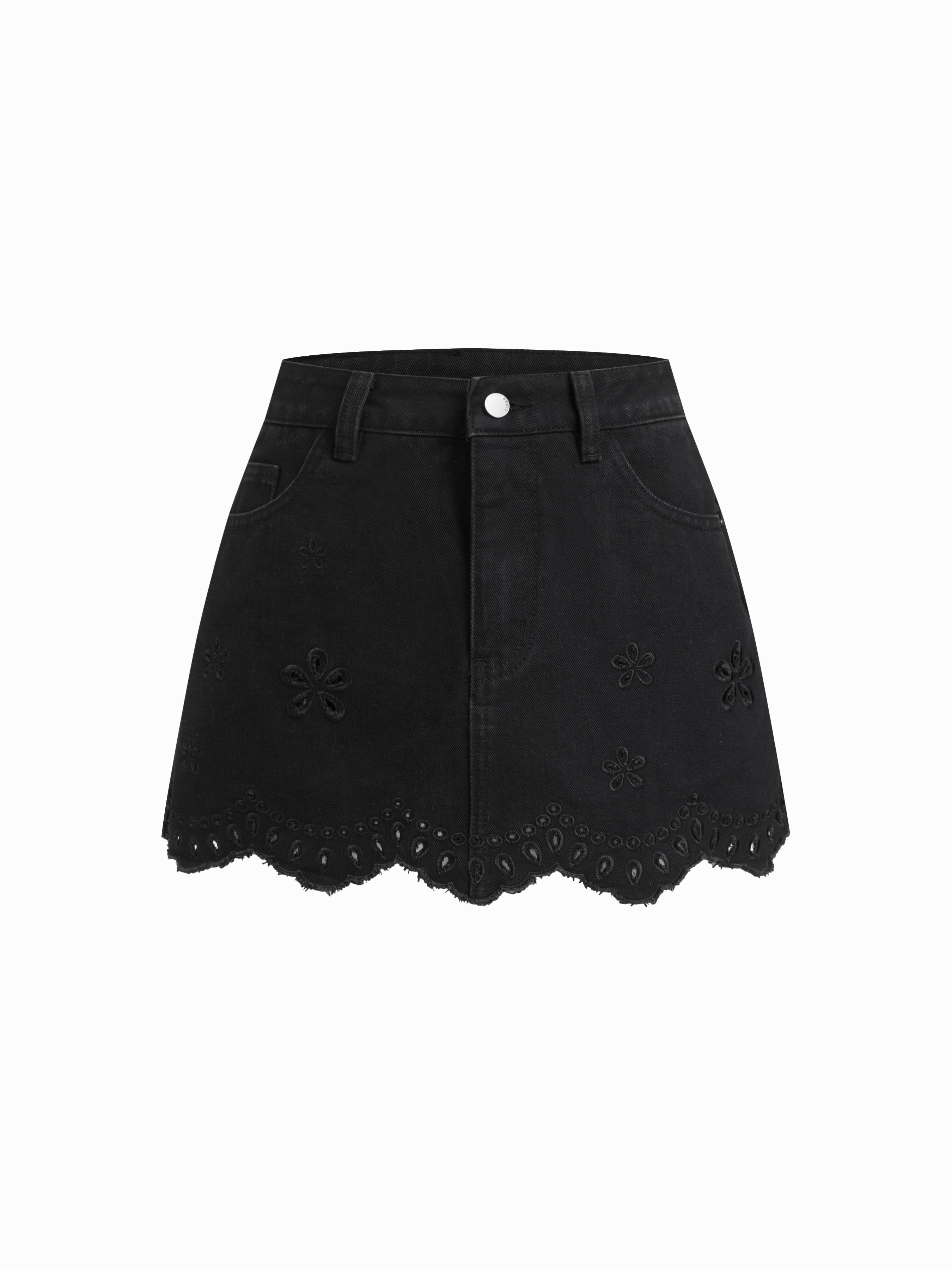 Denim Low Rise Floral Embroidery Raw Hem Mini Skirt by CIDER