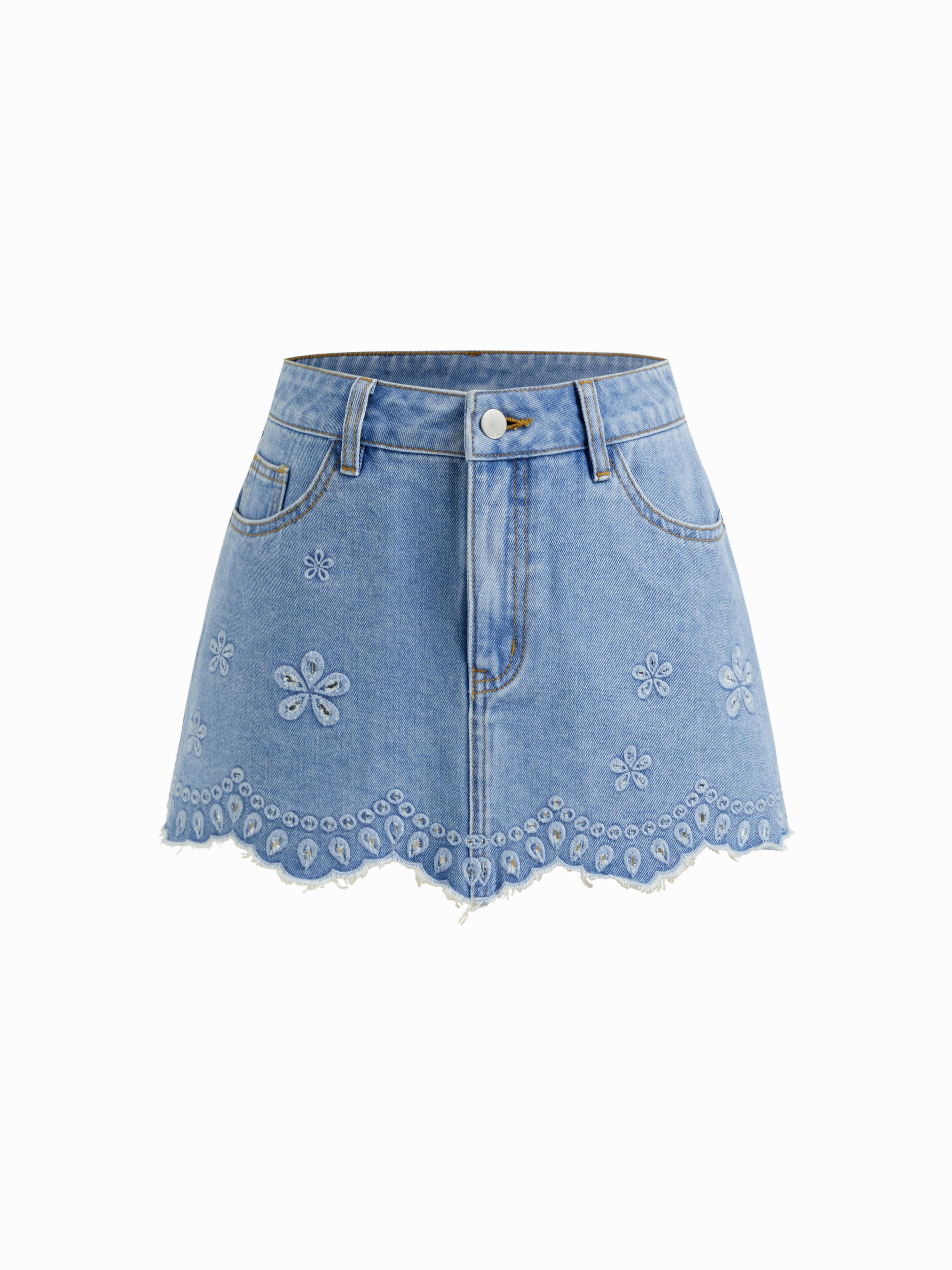 Denim Low Rise Floral Embroidery Raw Hem Mini Skirt by CIDER