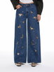 Denim Low Rise Floral Graphic Sequin Applique Wide Leg Jeans by CIDER