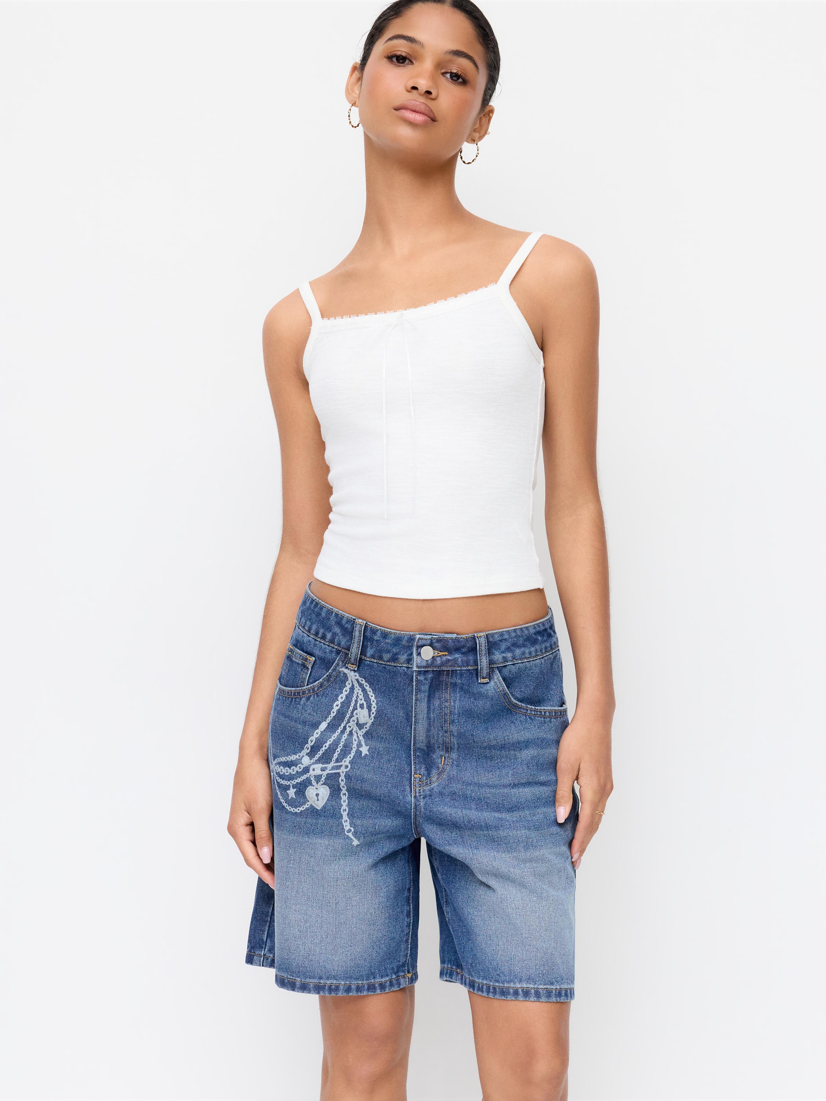 Denim Low Rise Graphic Wide Leg Shorts by CIDER