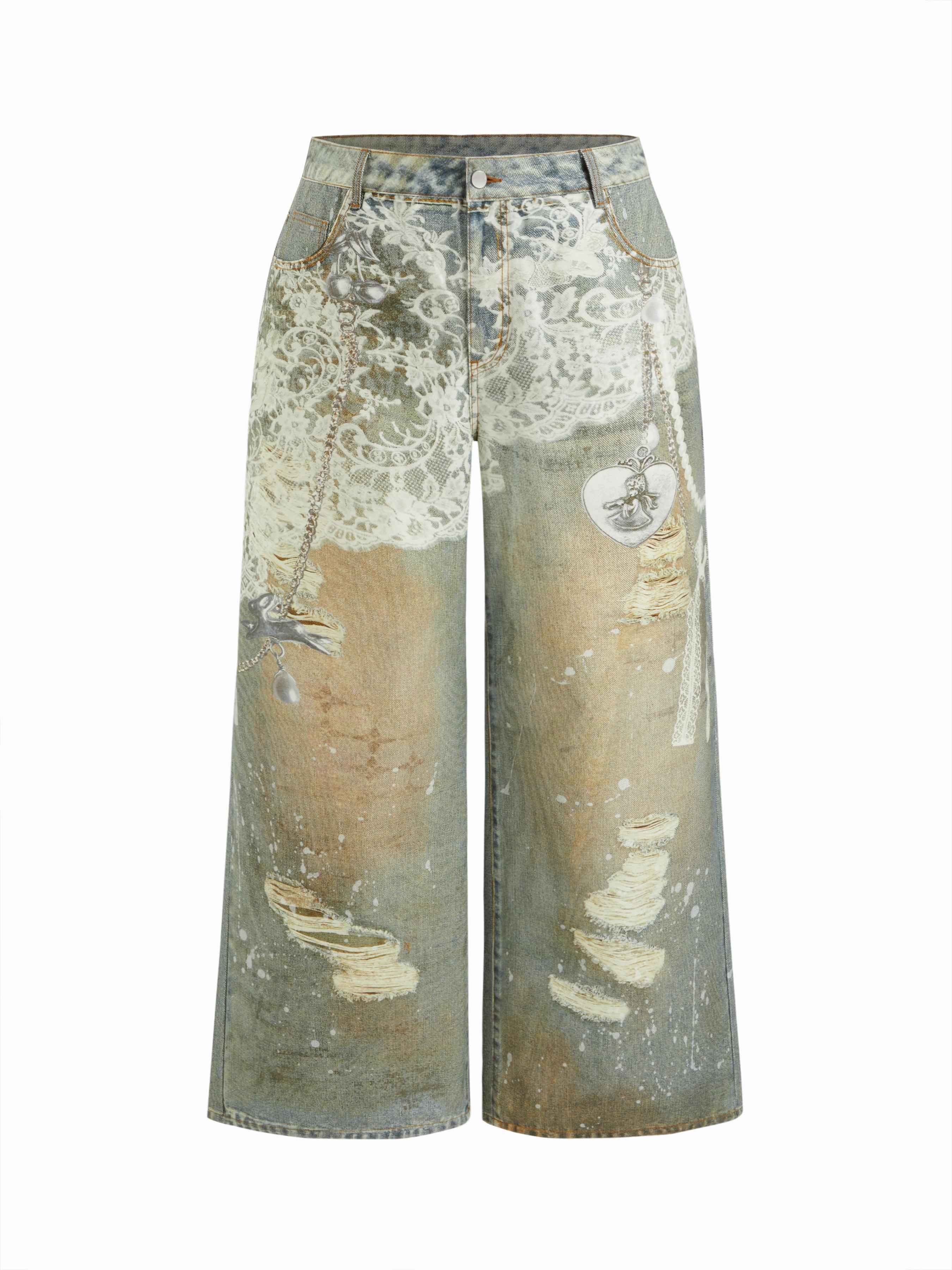 Denim Low Rise Lace Graphic Ripped Wide Leg Jeans Curve & Plus by CIDER