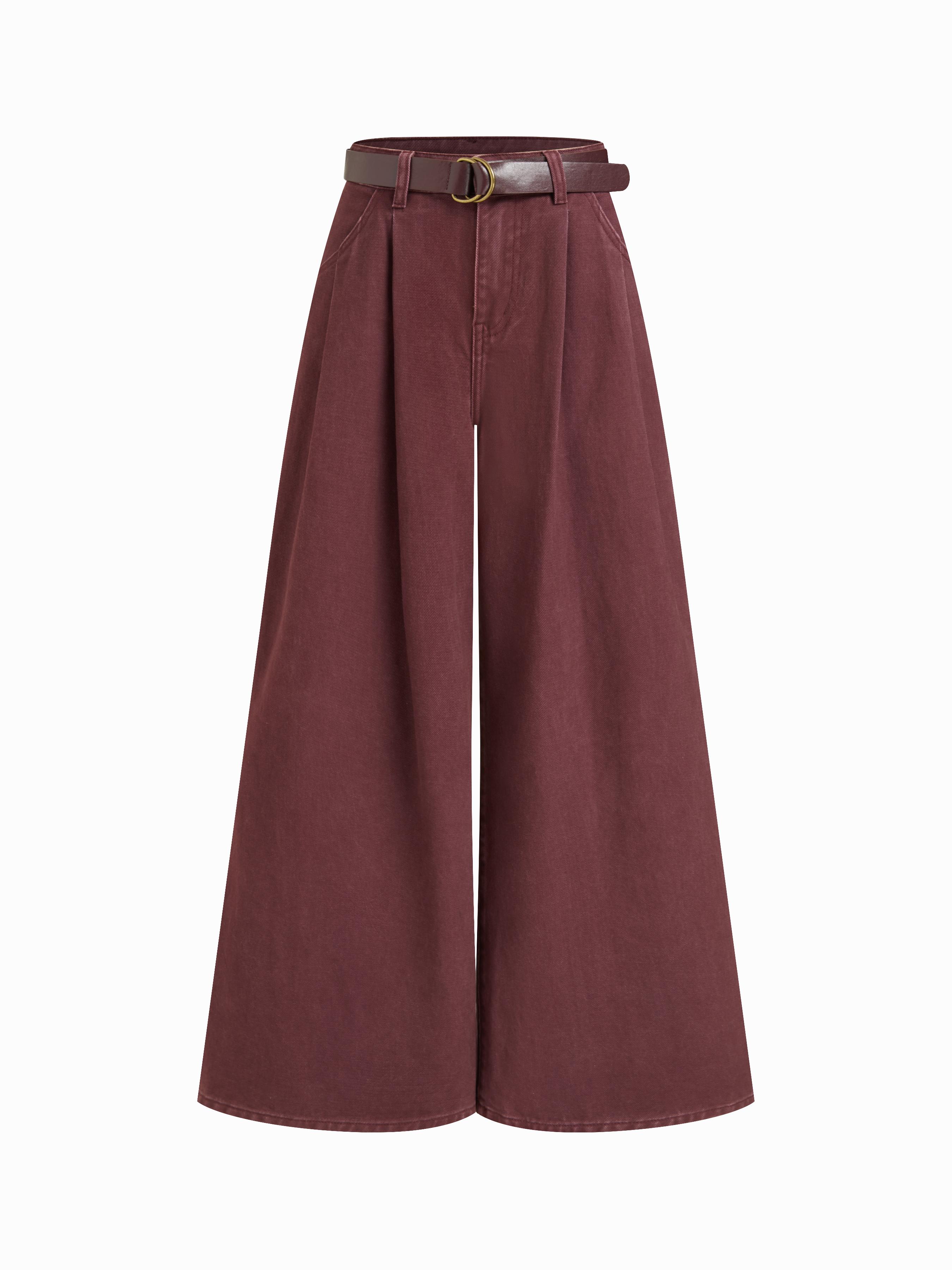Denim Low Rise Pleated Wide Leg Jeans With Belt by CIDER