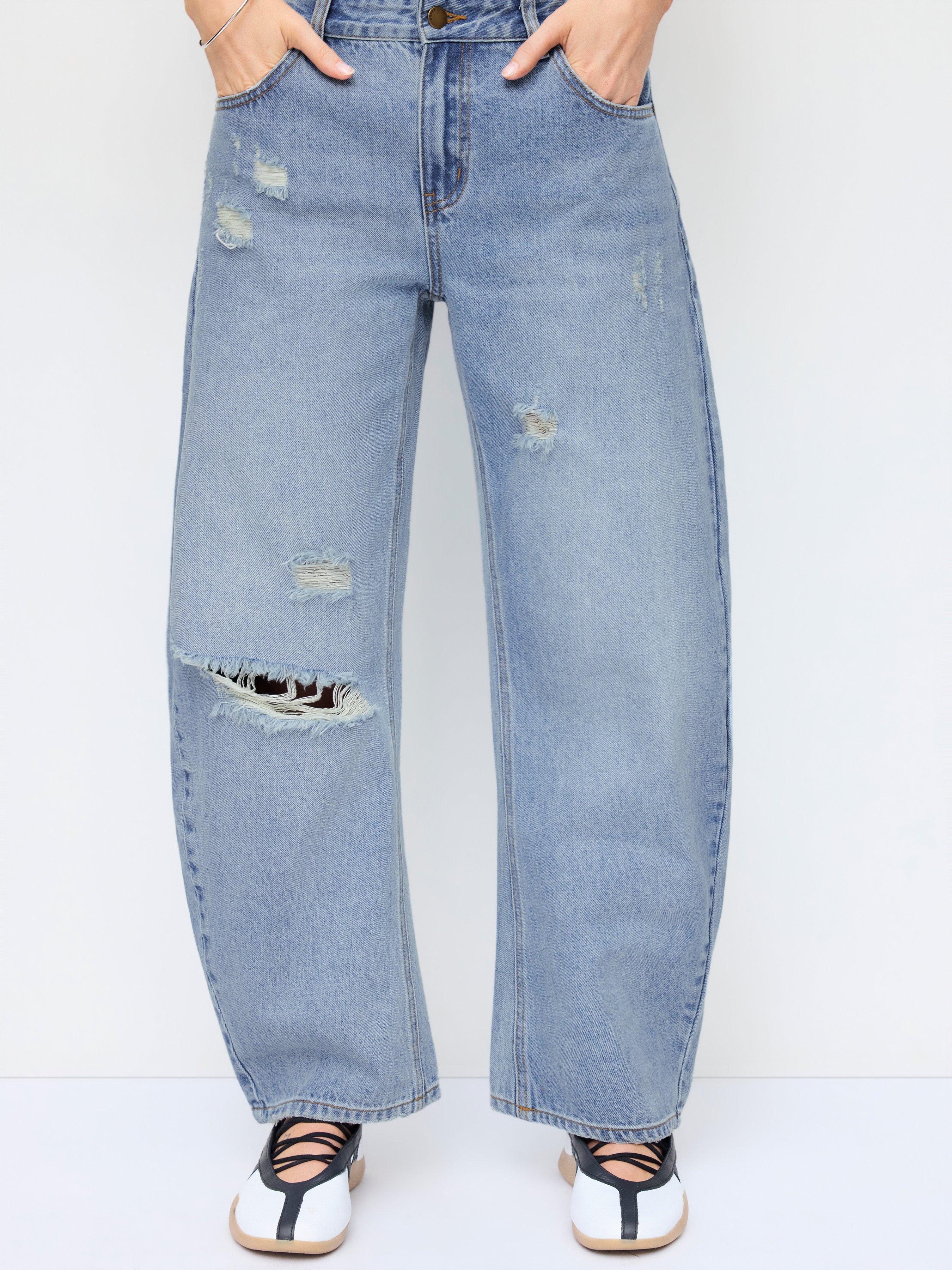 Denim Low Rise Ripped Barrel-leg Cropped Oversized Jeans by CIDER