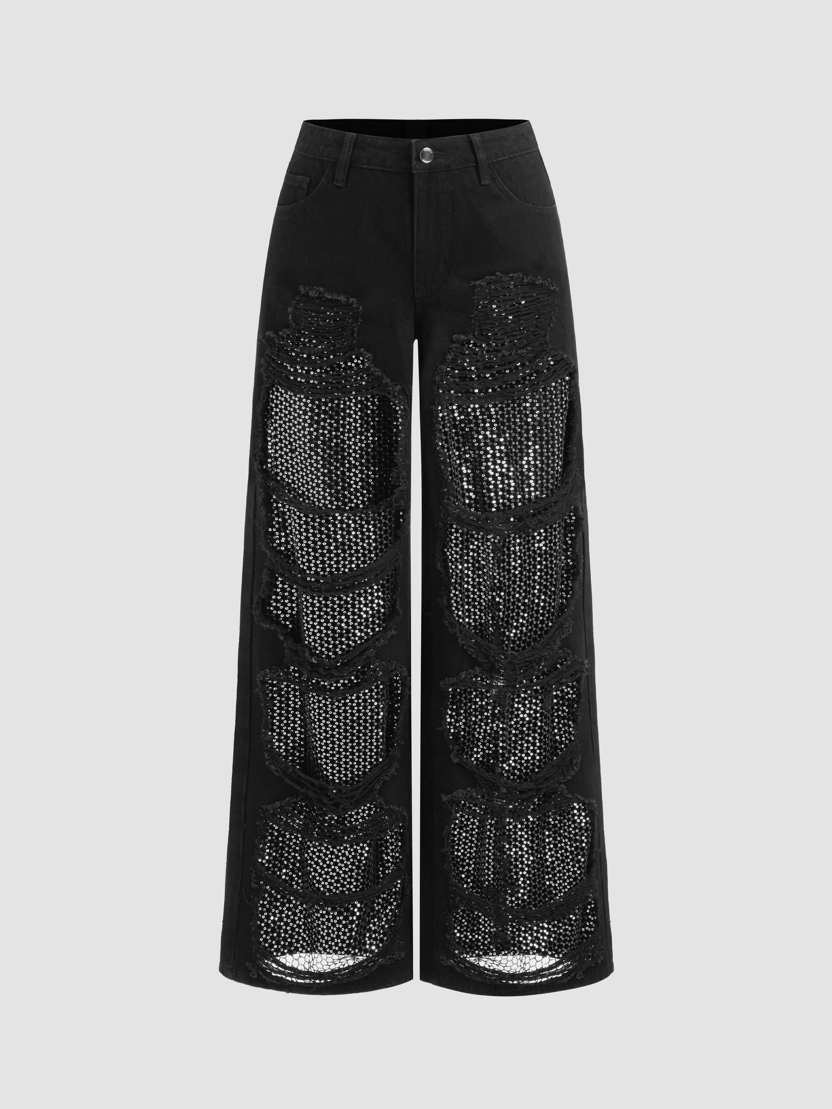 Denim Low Rise Ripped Hollow Out See-through Wide Leg Jeans by CIDER