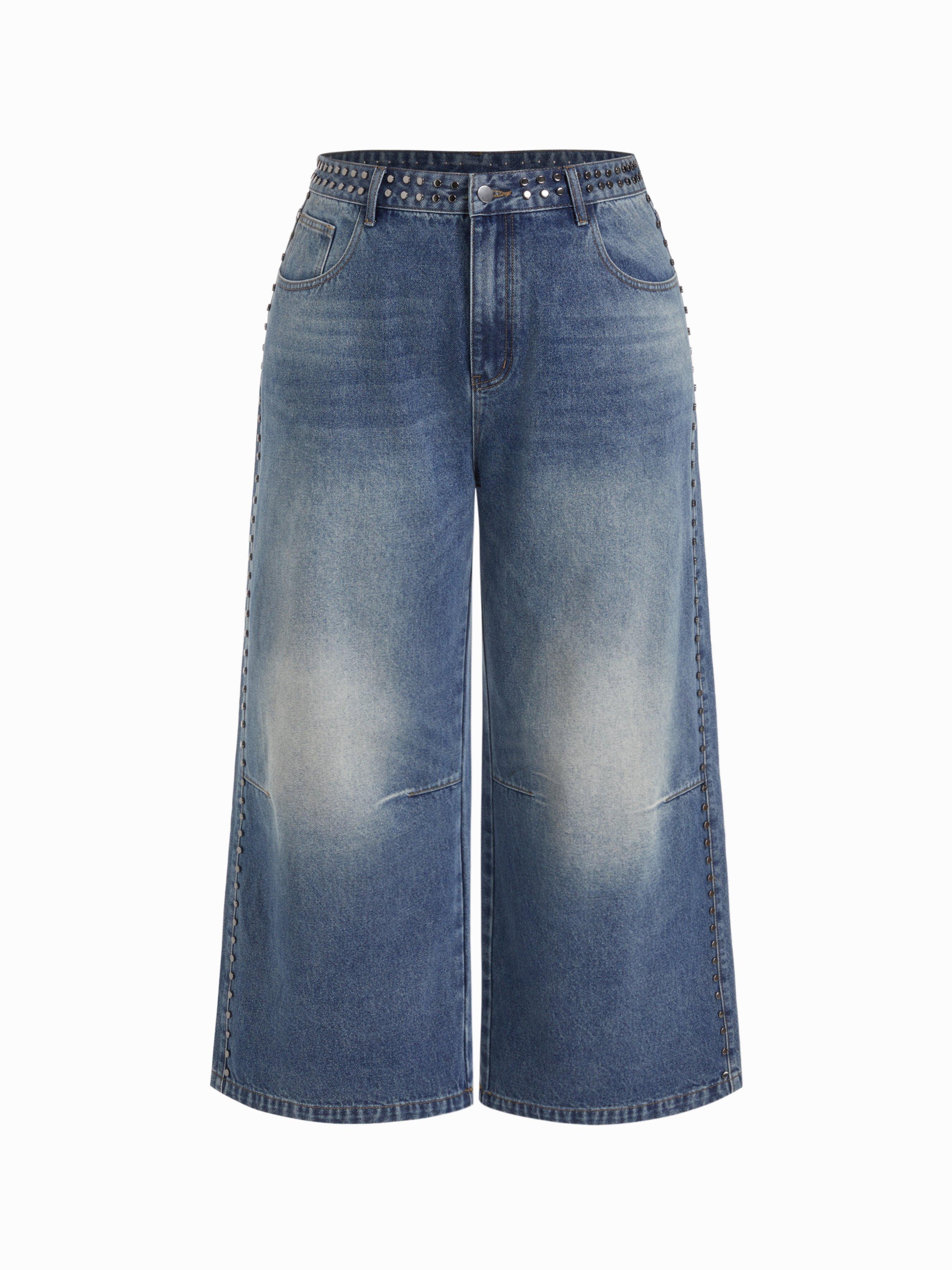 Denim Low Rise Studded Wide Leg Jeans by CIDER