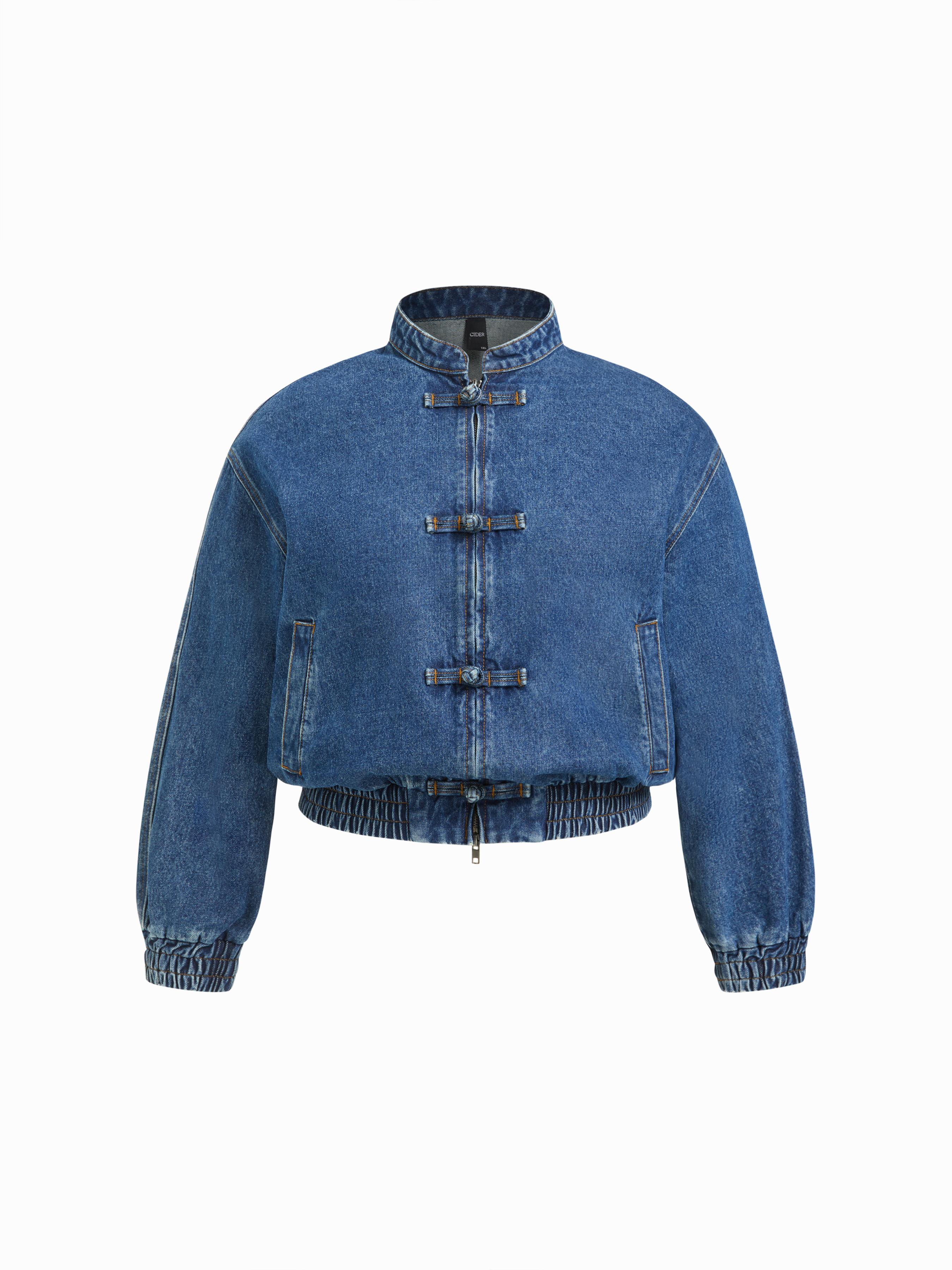 Denim Mandarin Collar Elastic Waist Oversized Jacket Curve & Plus by CIDER Denim Mandarin Collar Elastic Waist Oversized Jacket Curve & Plus by CIDER