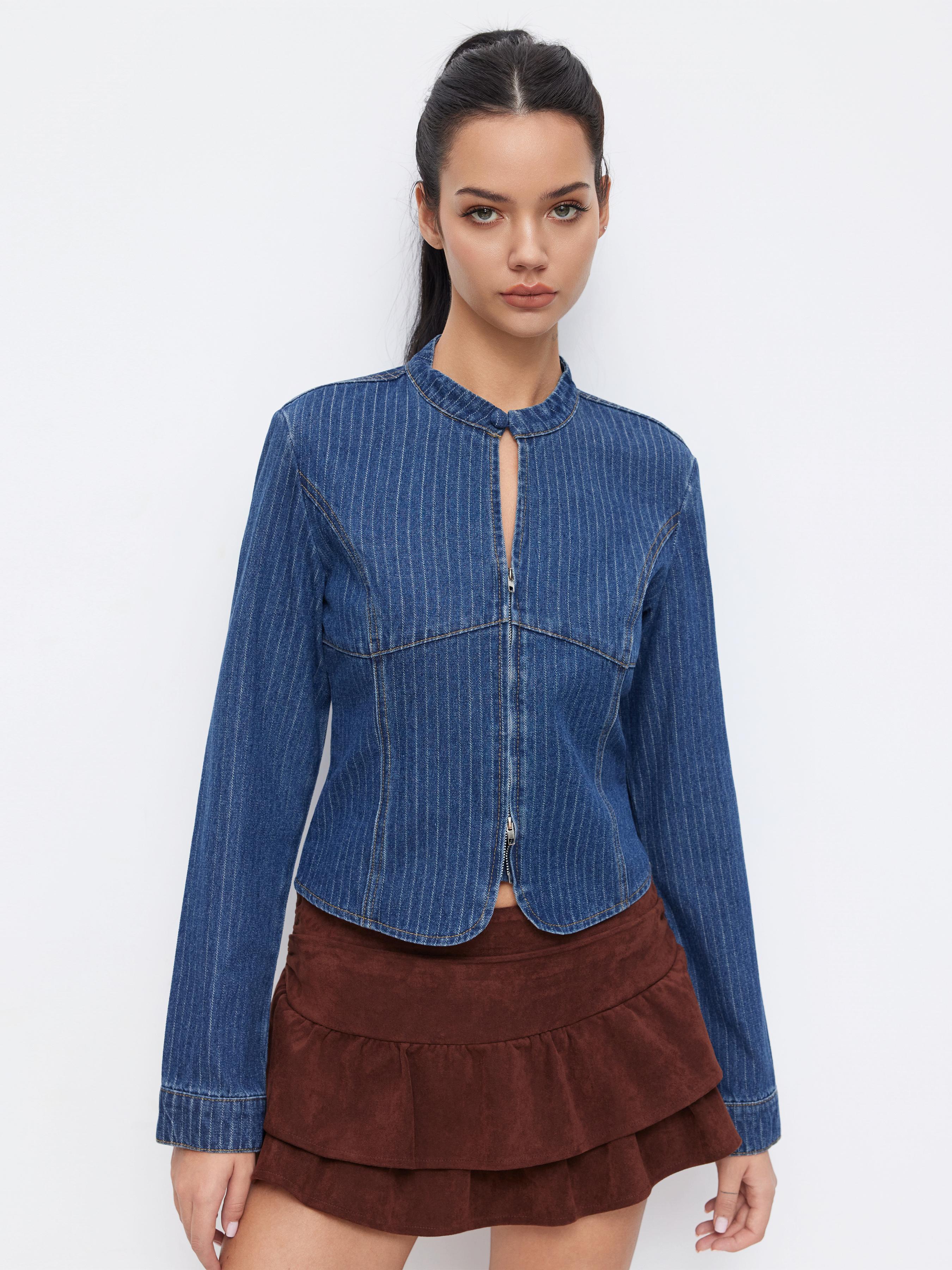 Denim Mandarin Collar Long Sleeve Striped Cut Out Blouse by CIDER