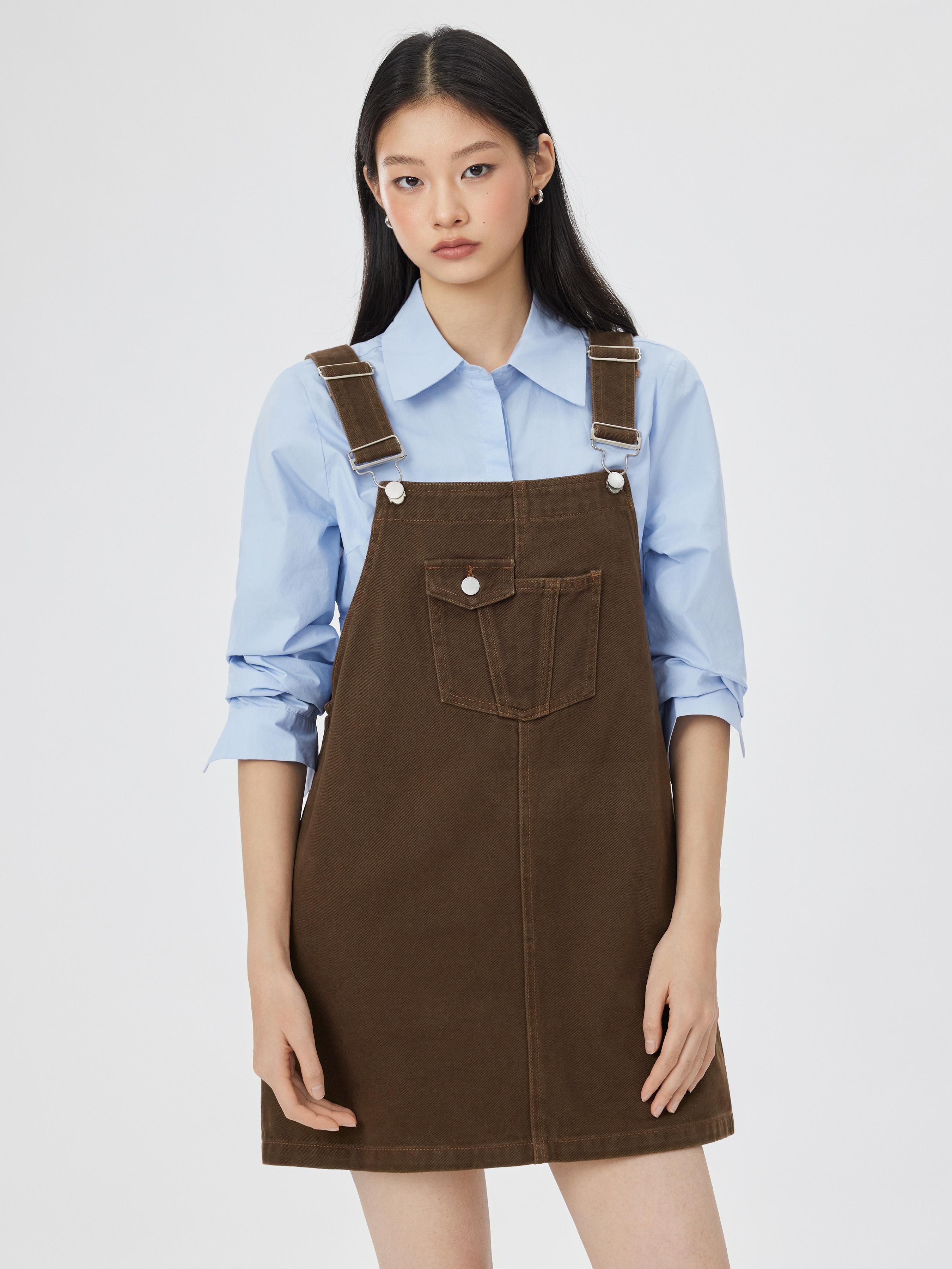 Denim Metal Detail Pinafore Mini Dress by CIDER