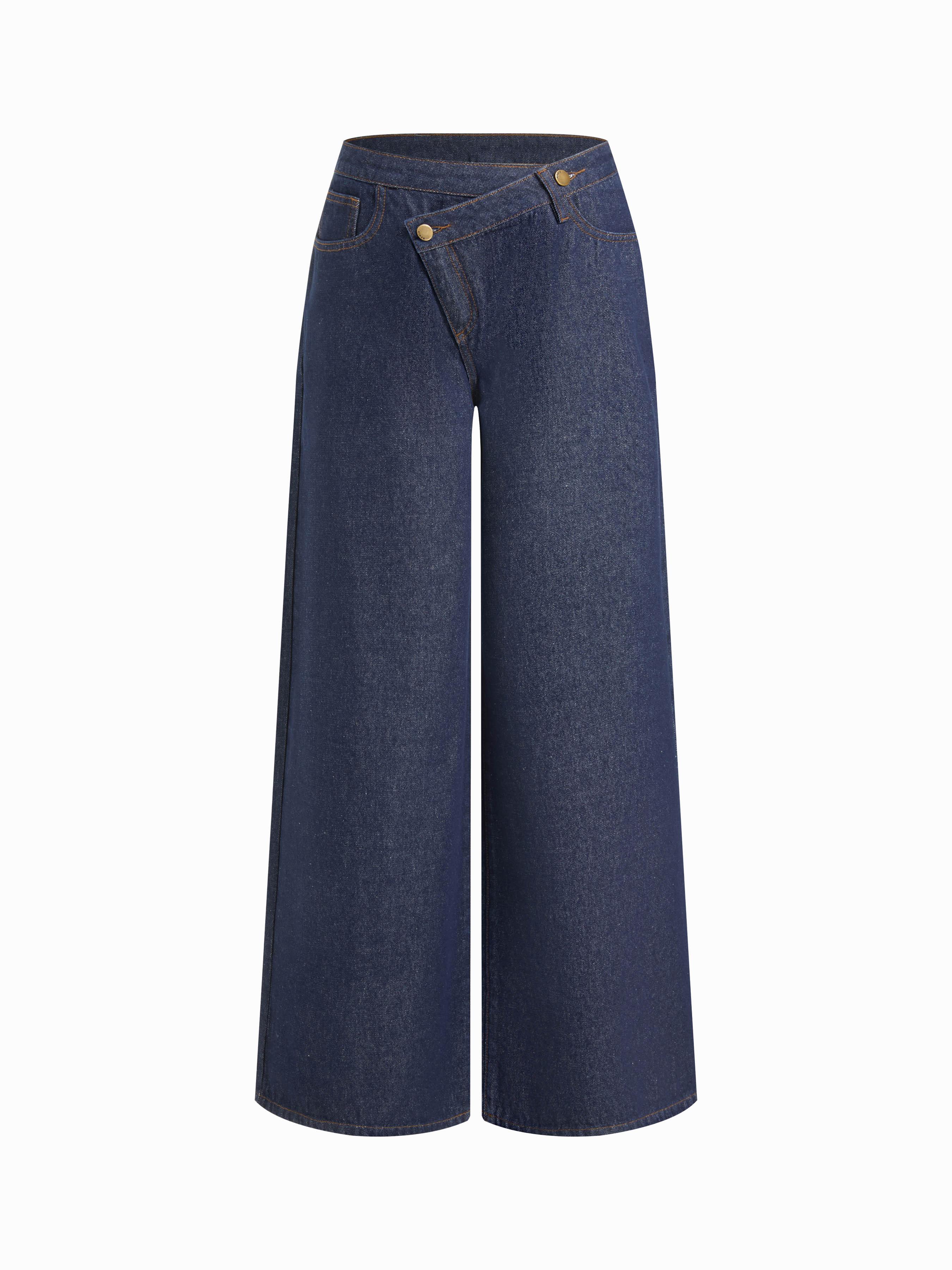 Denim Mid Rise Asymmetrical Mental Button Wide Leg Trousers by CIDER