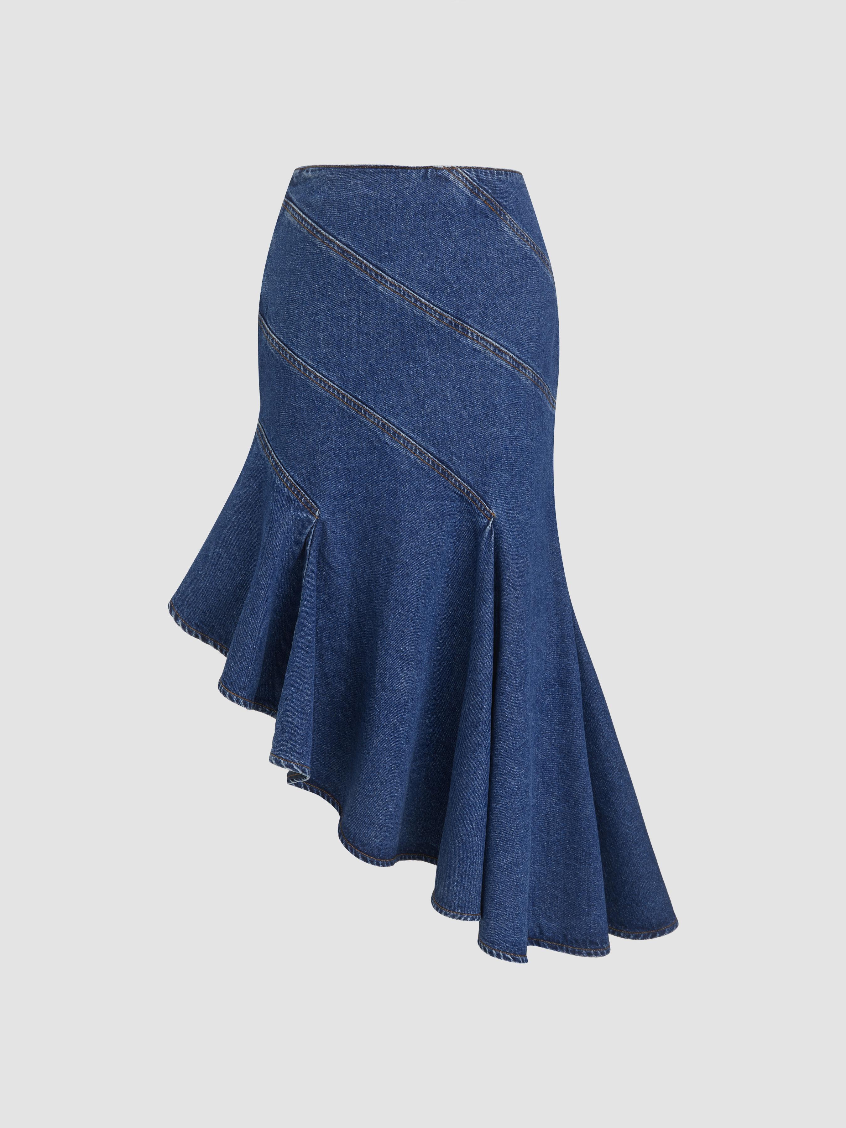 Denim Mid Rise Asymmetrical Ruffle Hem Mermaid Midi Skirt by CIDER