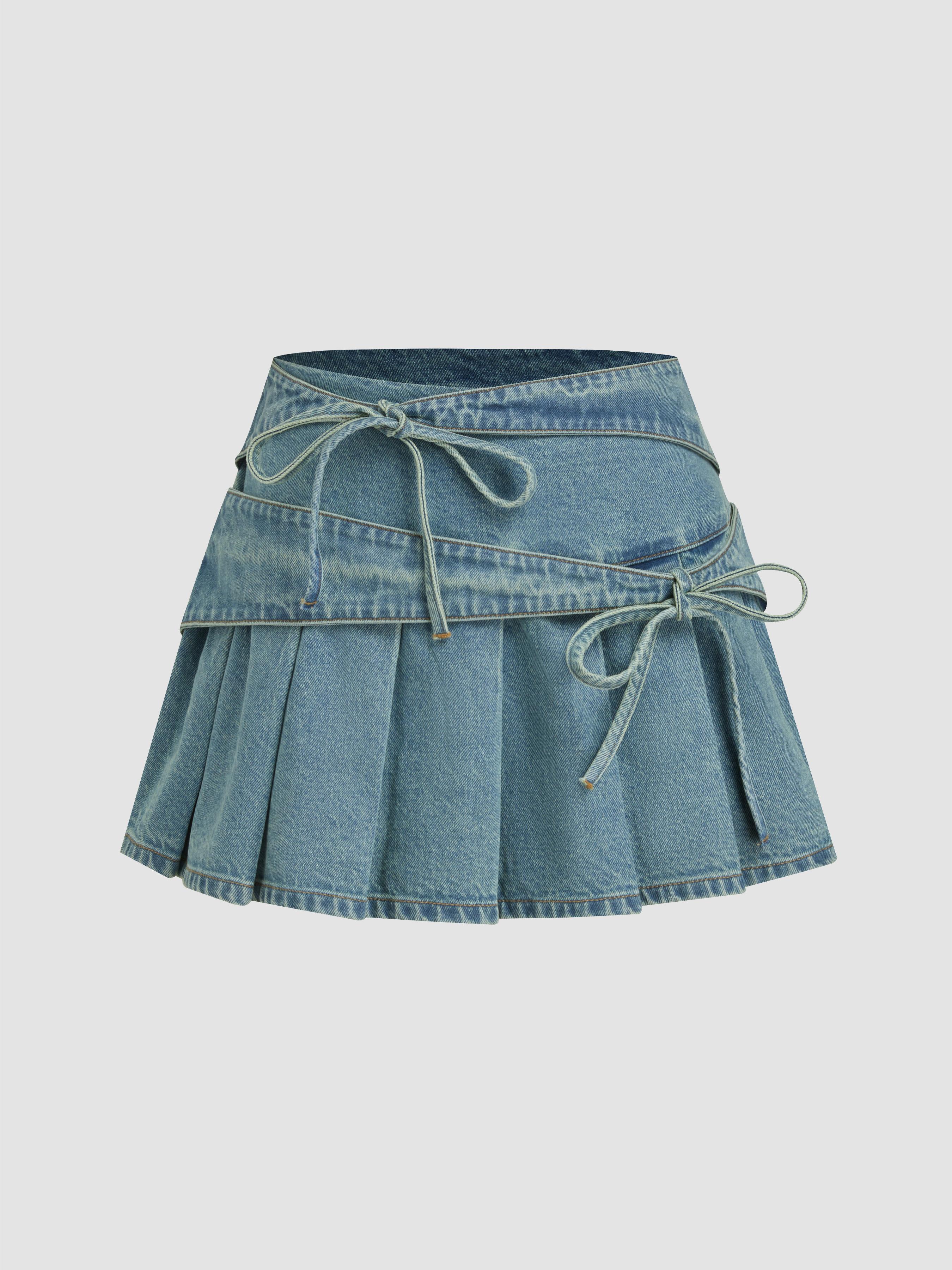 Denim Mid Rise Bowknot Pleated Micro Mini Skirt by CIDER