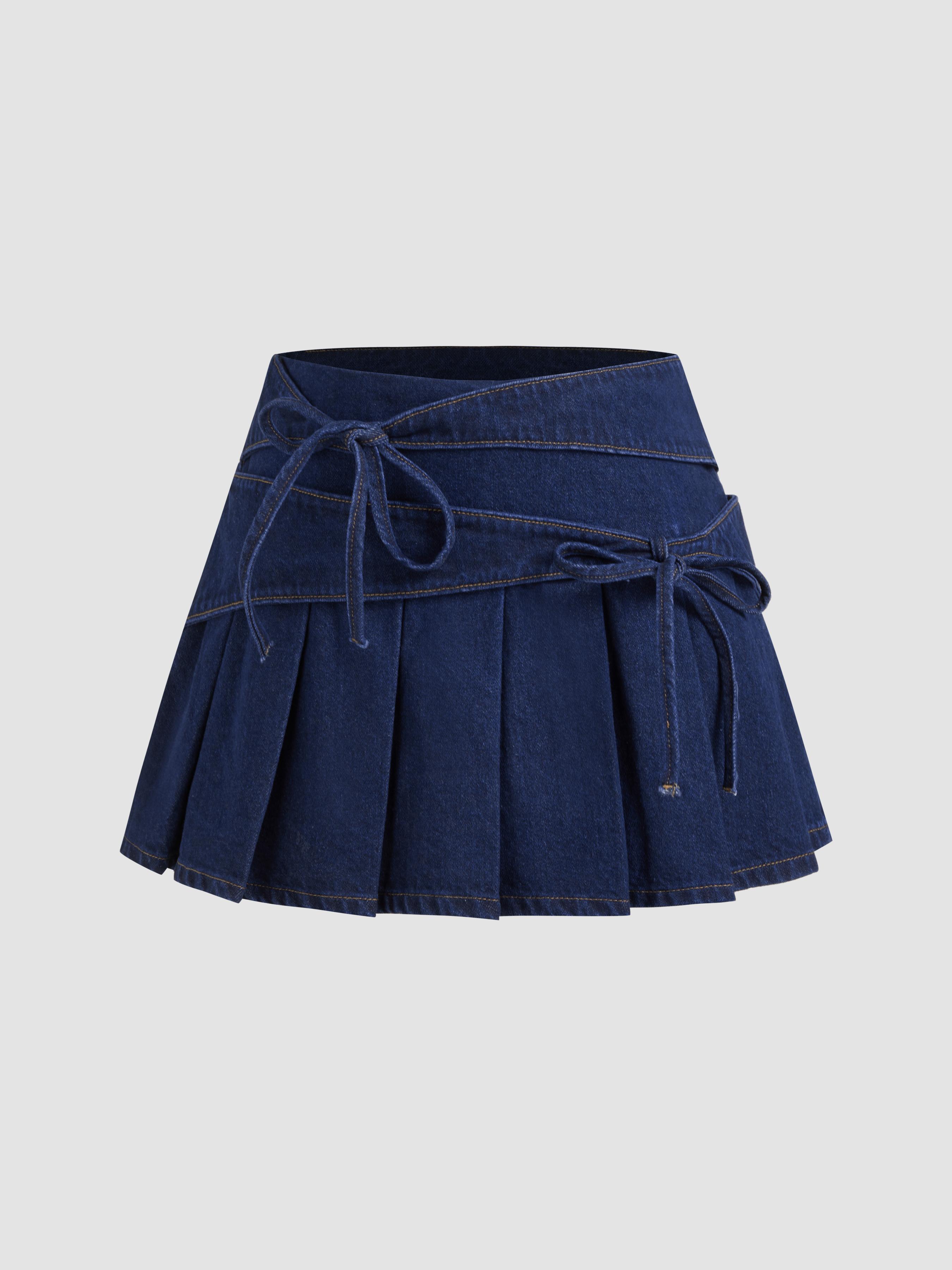 Denim Mid Rise Bowknot Pleated Micro Mini Skirt by CIDER