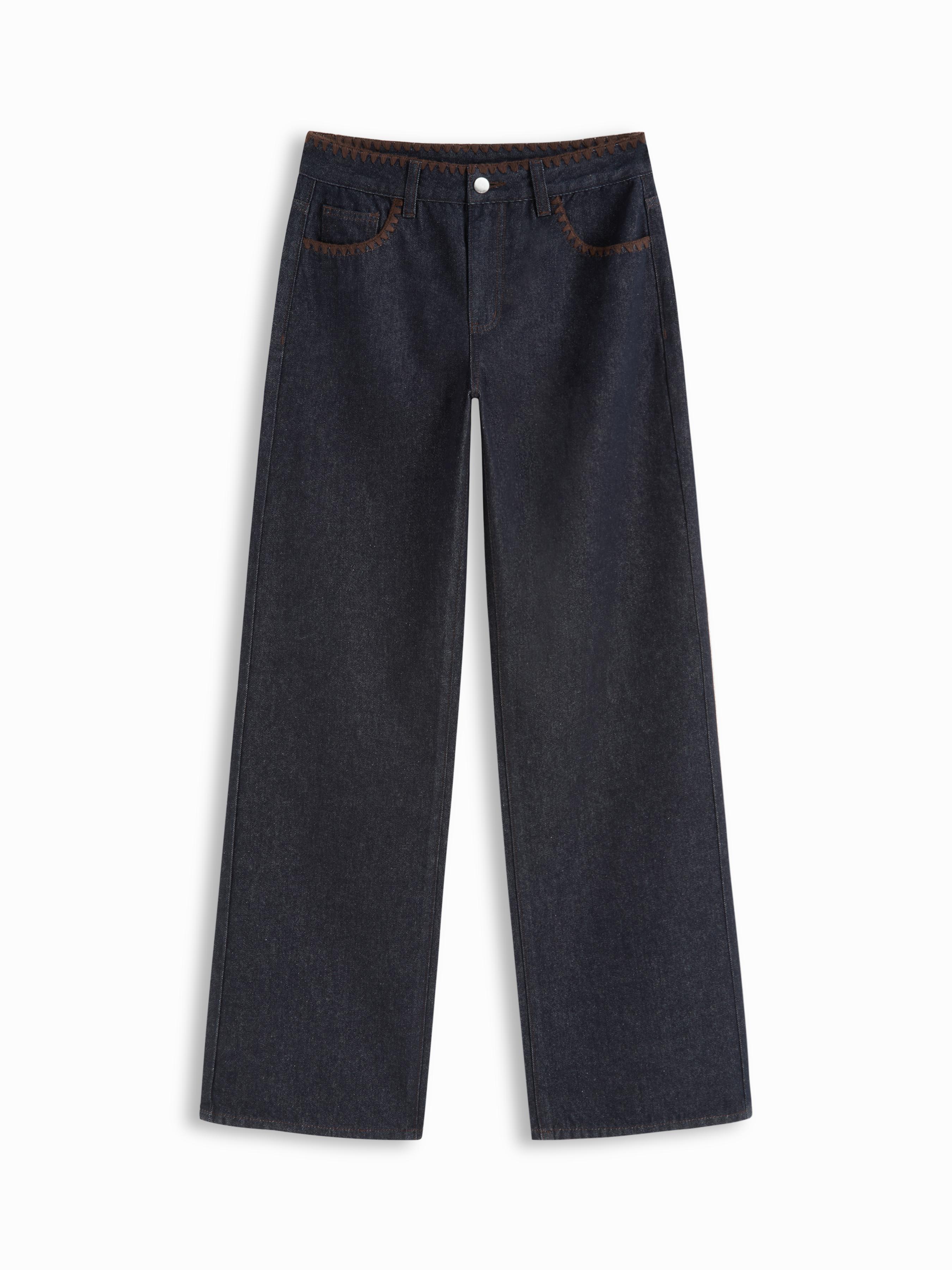 Denim Mid Rise Button Contrasting Binding Straight Leg Jeans by CIDER