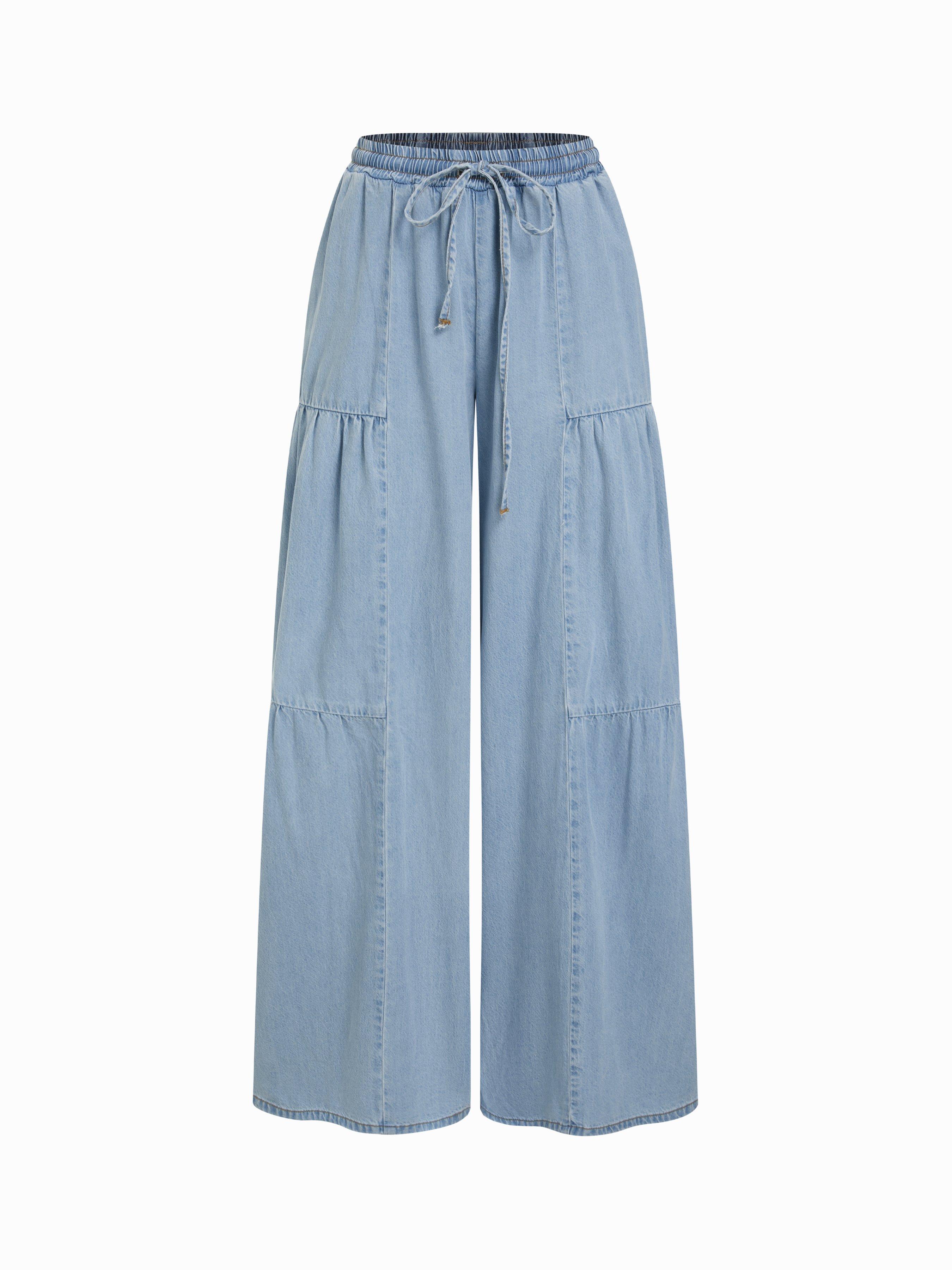 Denim Mid Rise Drawstring Ruched Wide Leg Jeans by CIDER