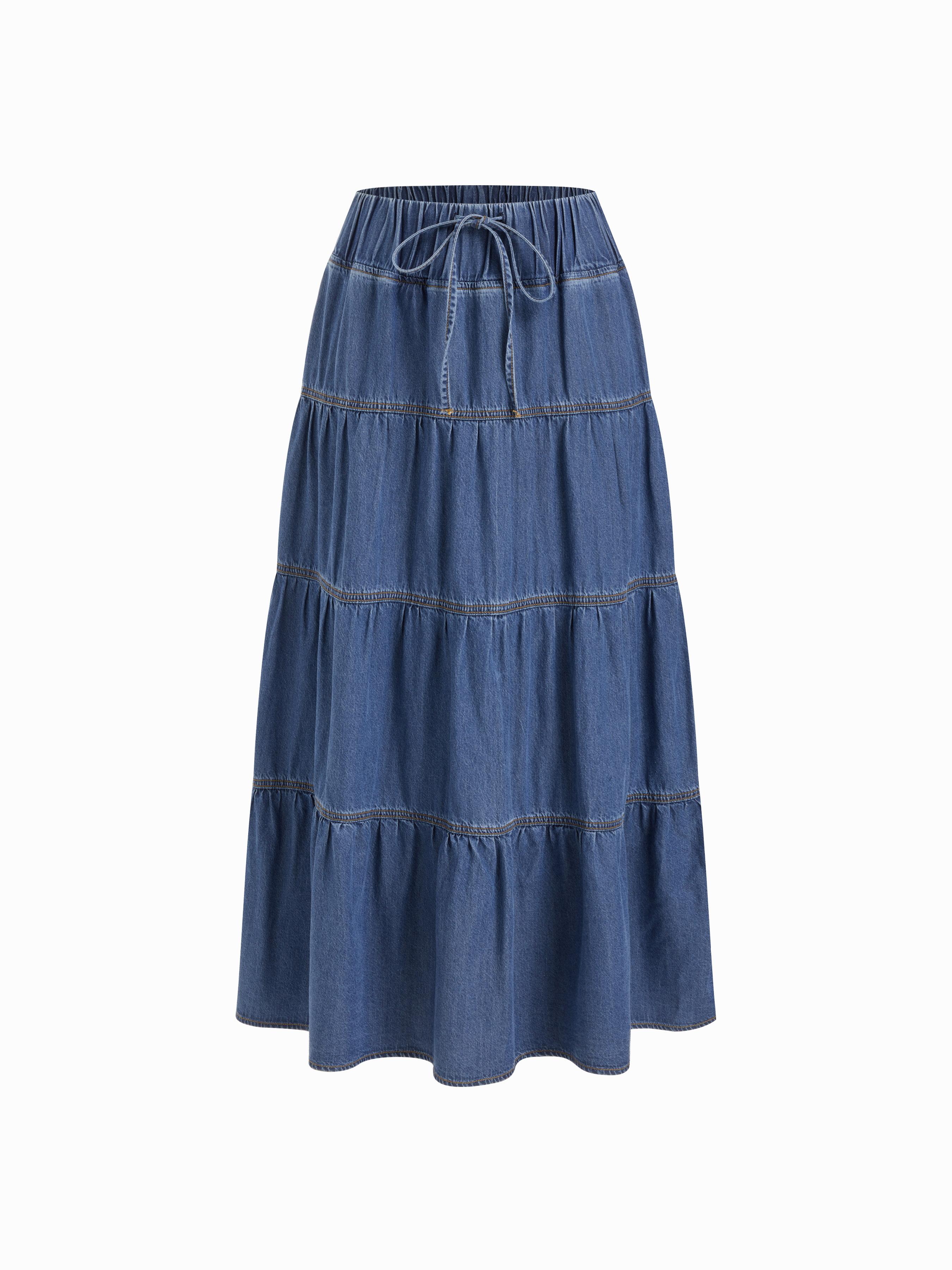 Denim Mid Rise Drawstring Tiered Flared Maxi Skirt by CIDER