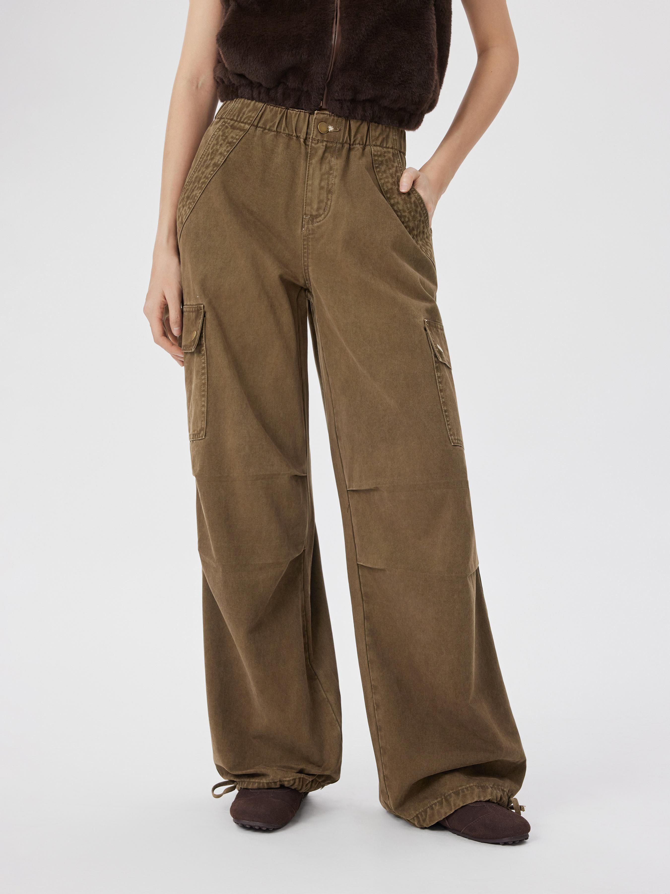 Denim Mid Rise Drawstring Wide Leg Cargo Jeans by CIDER