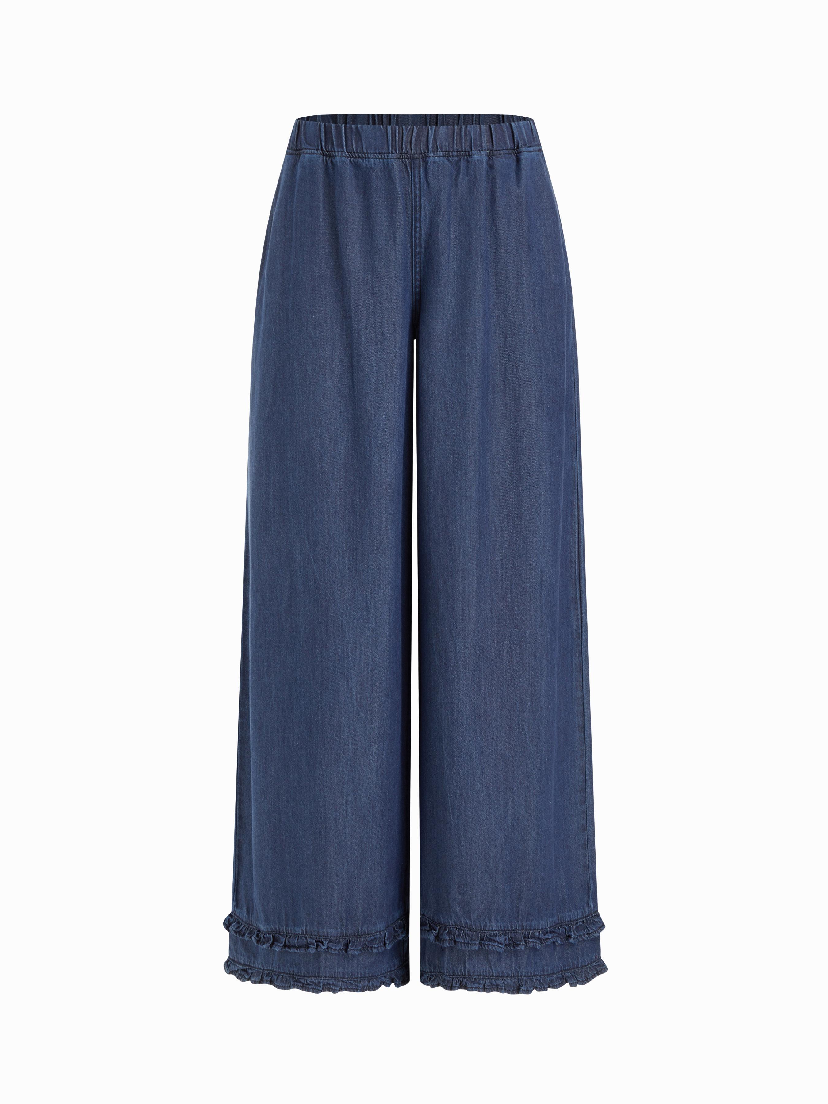 Denim Mid Rise Elastic Waist Lettuce Trim Oversized Straight Leg Jeans by CIDER