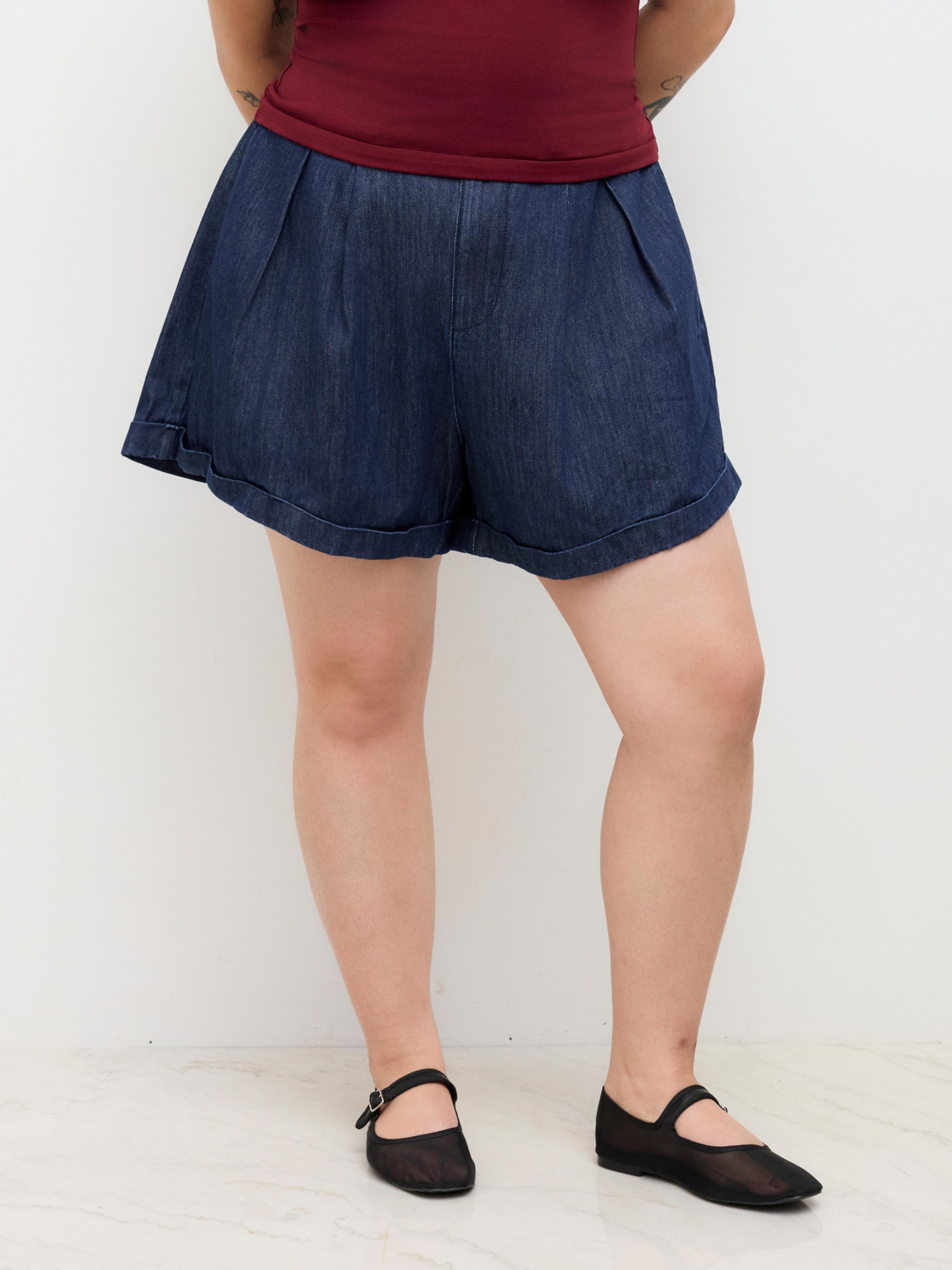 Denim Mid Rise Pleated Shorts Curve & Plus by CIDER