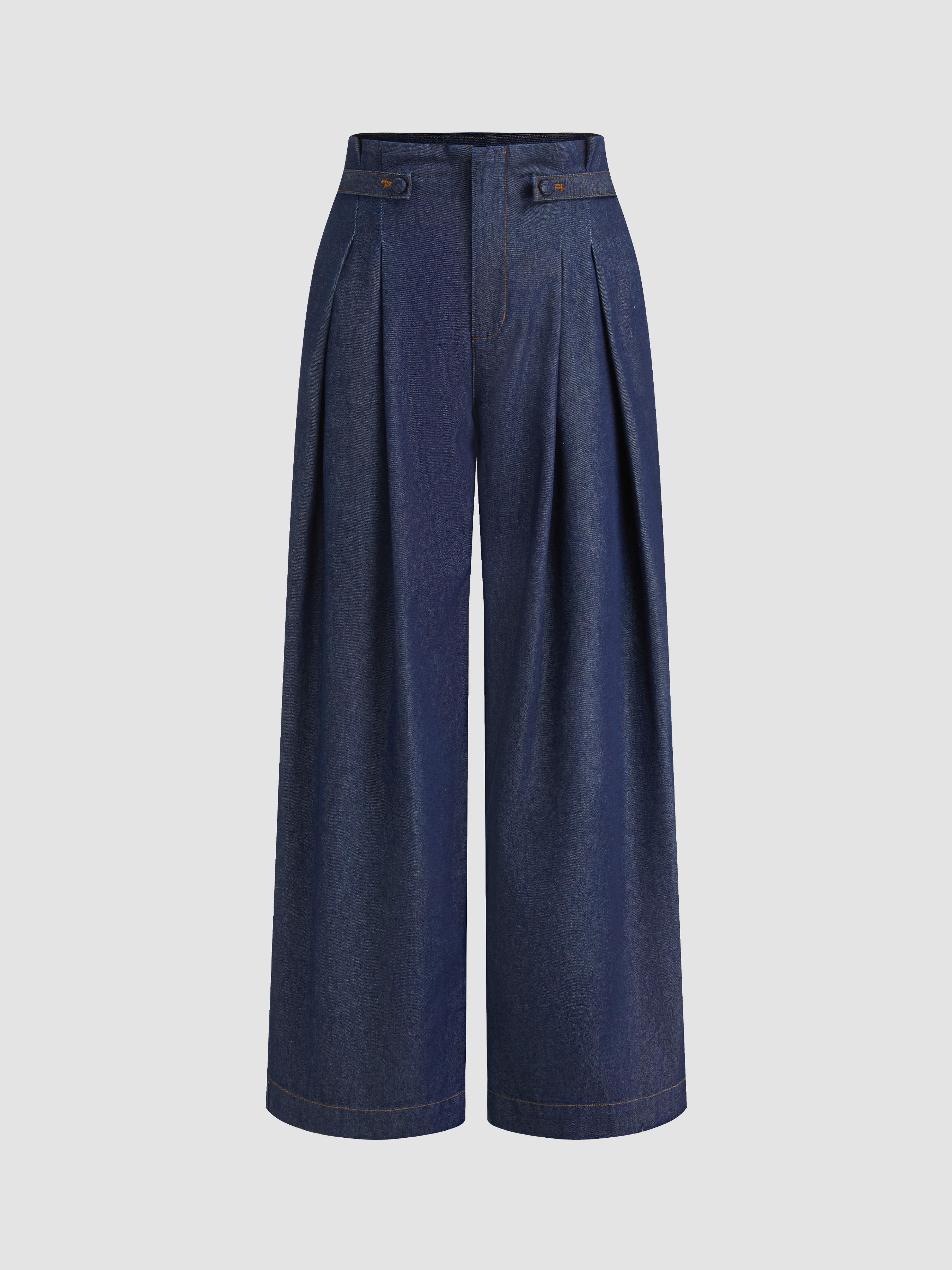 Denim Mid Rise Pleated Wide Leg Jeans by CIDER