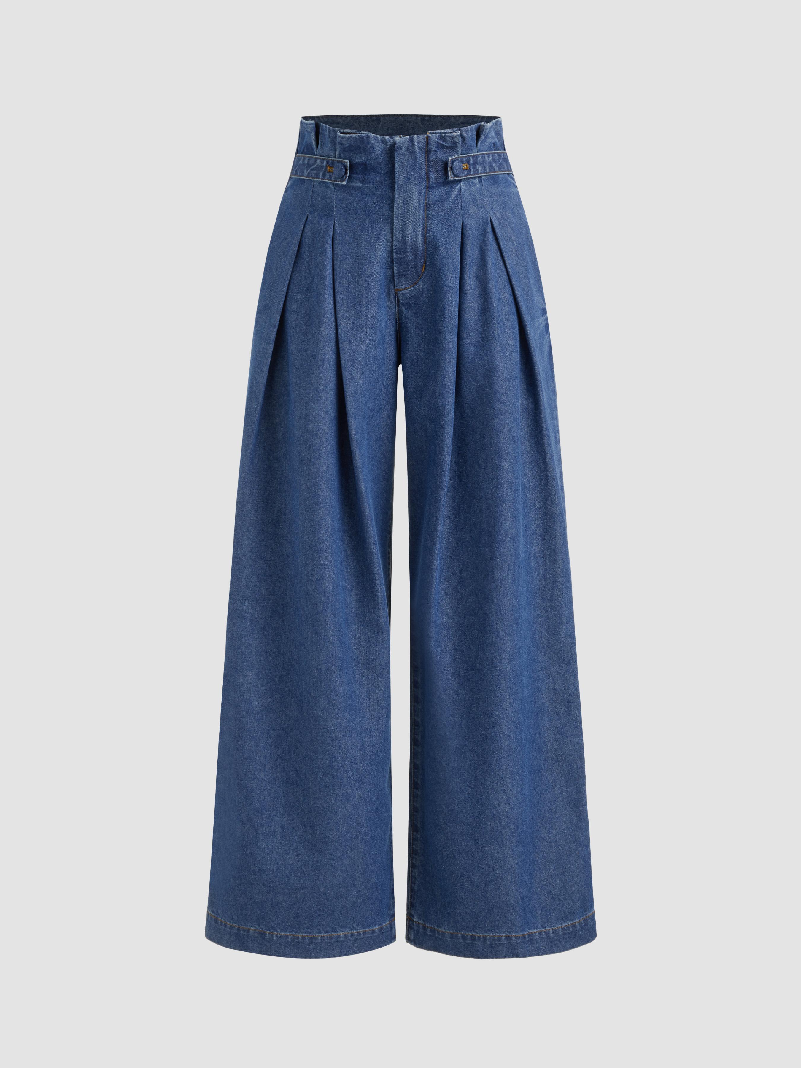 Denim Mid Rise Pleated Wide Leg Jeans by CIDER