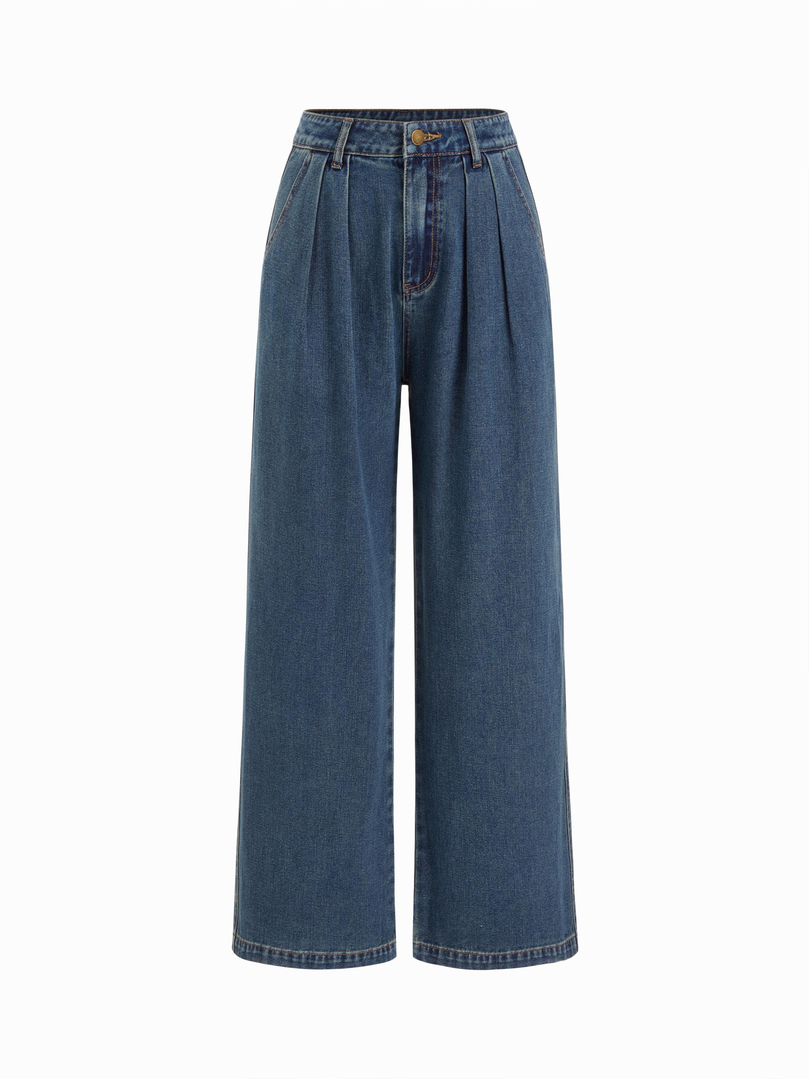 Denim Mid Rise Pleated Wide Leg Jeans by CIDER