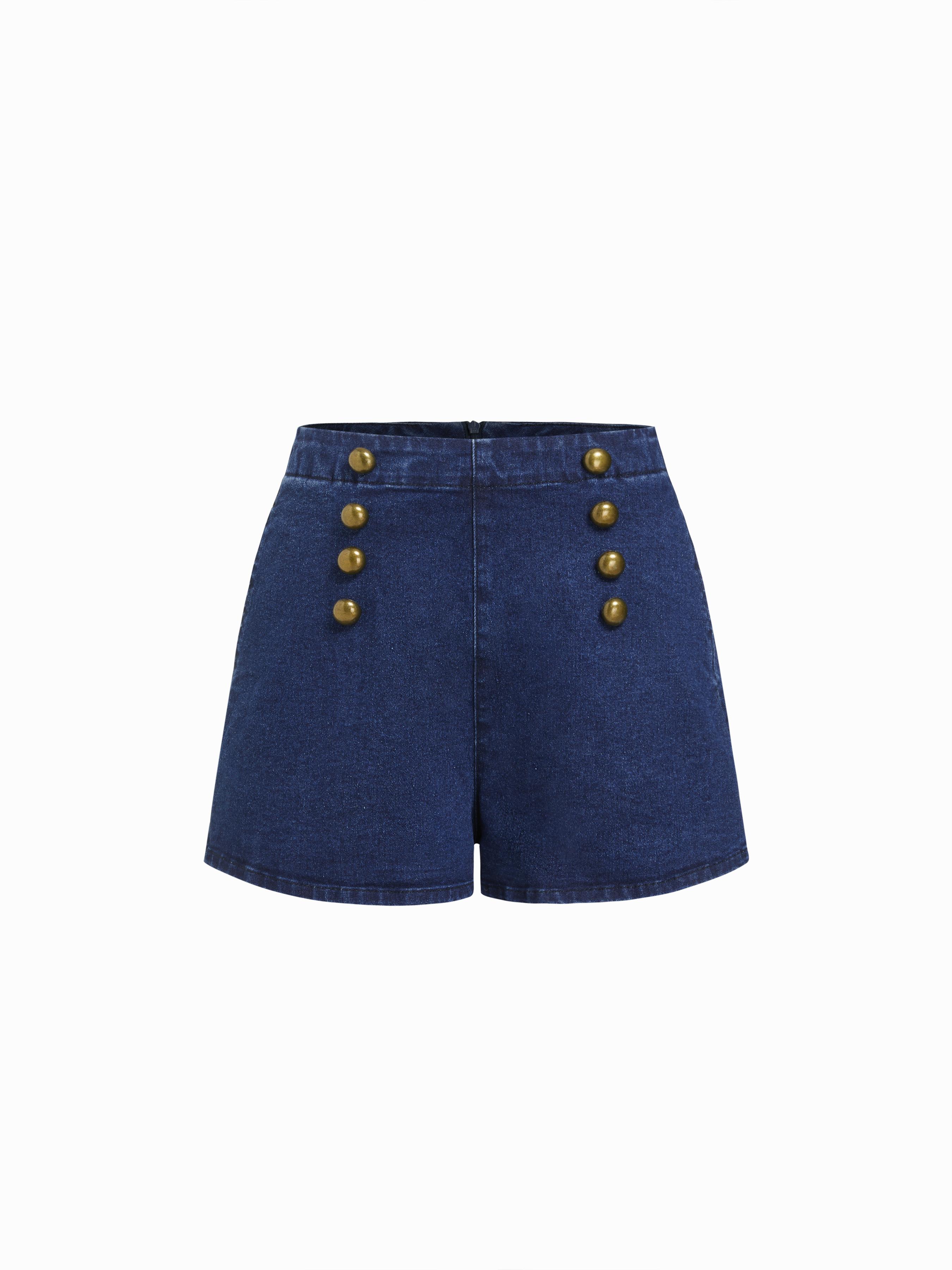 Denim Mid Rise Wide Leg Shorts With Metal Detail by CIDER