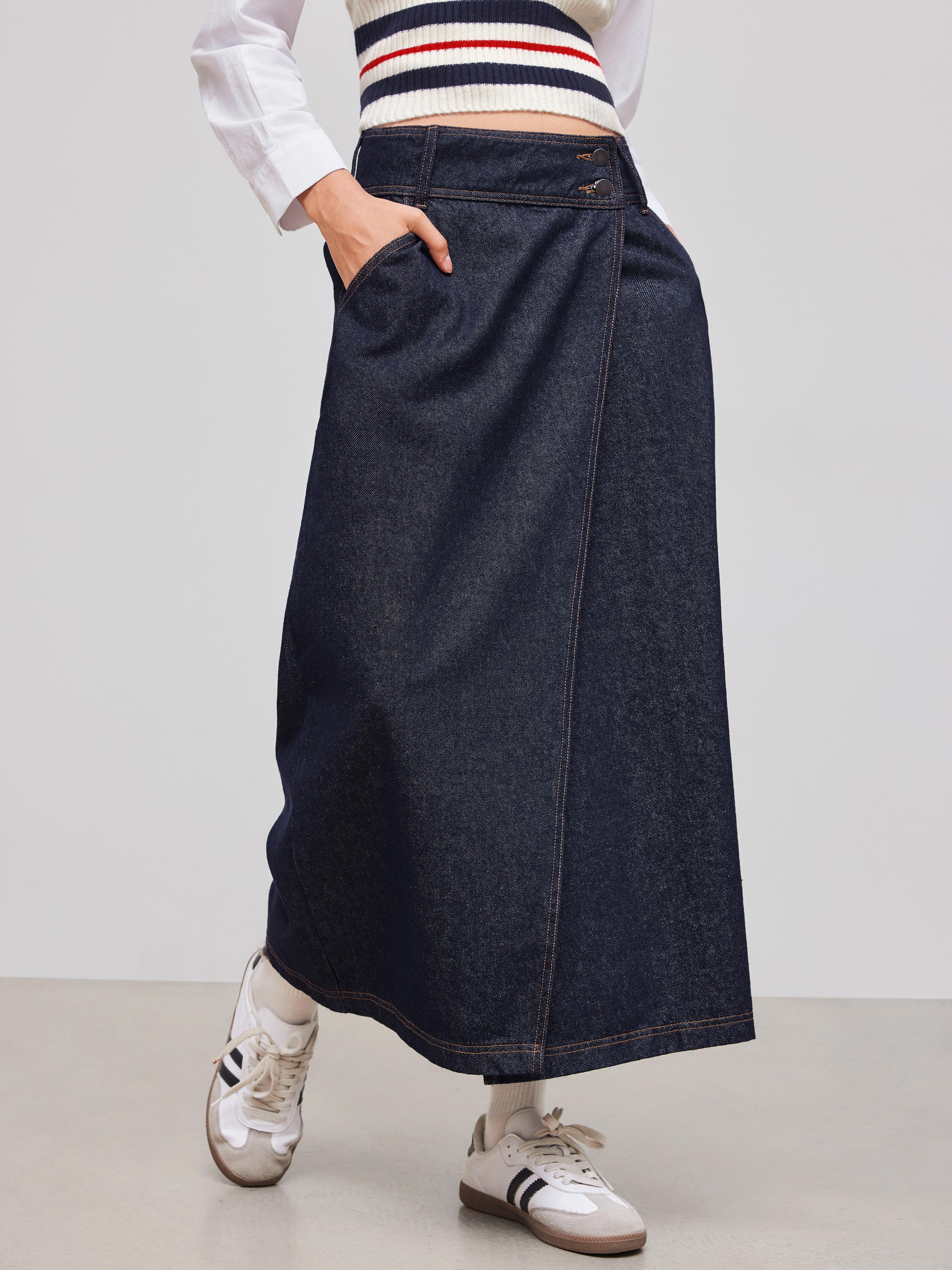 Denim Mid Rise Wrap Pocket Maxi Skirt by CIDER