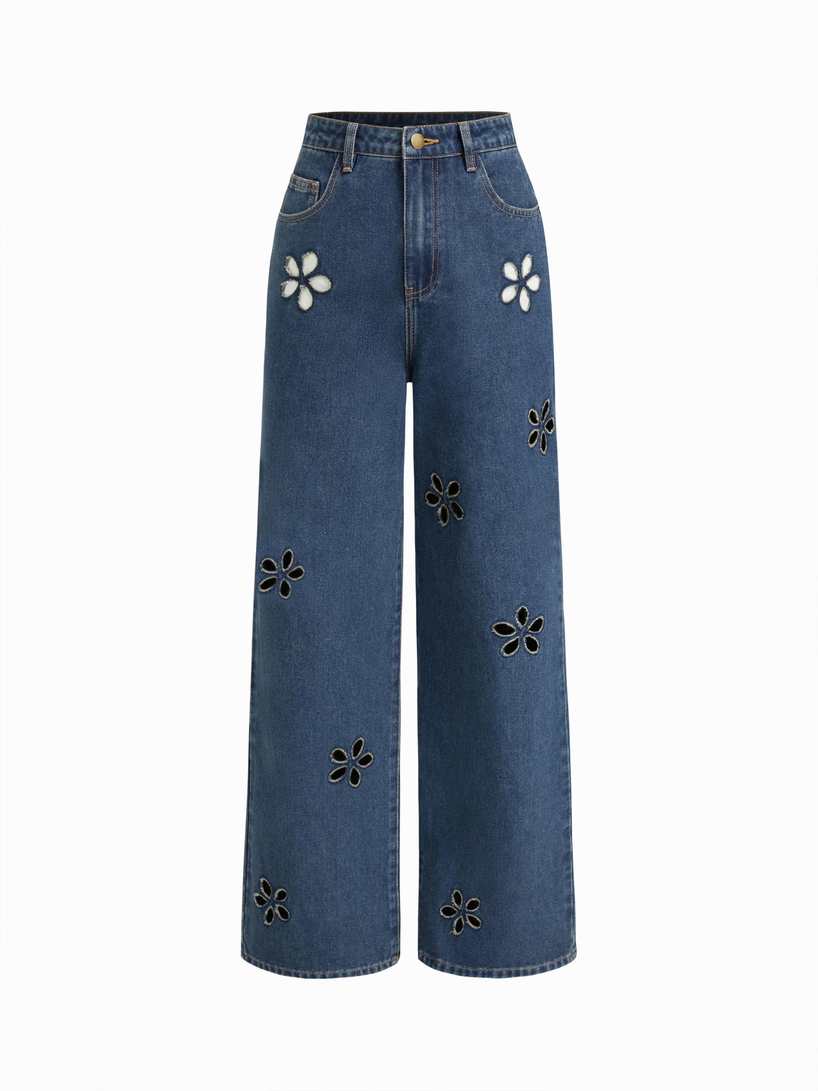 Denim Mid Waist Floral Pocket Wide Leg Jeans by CIDER