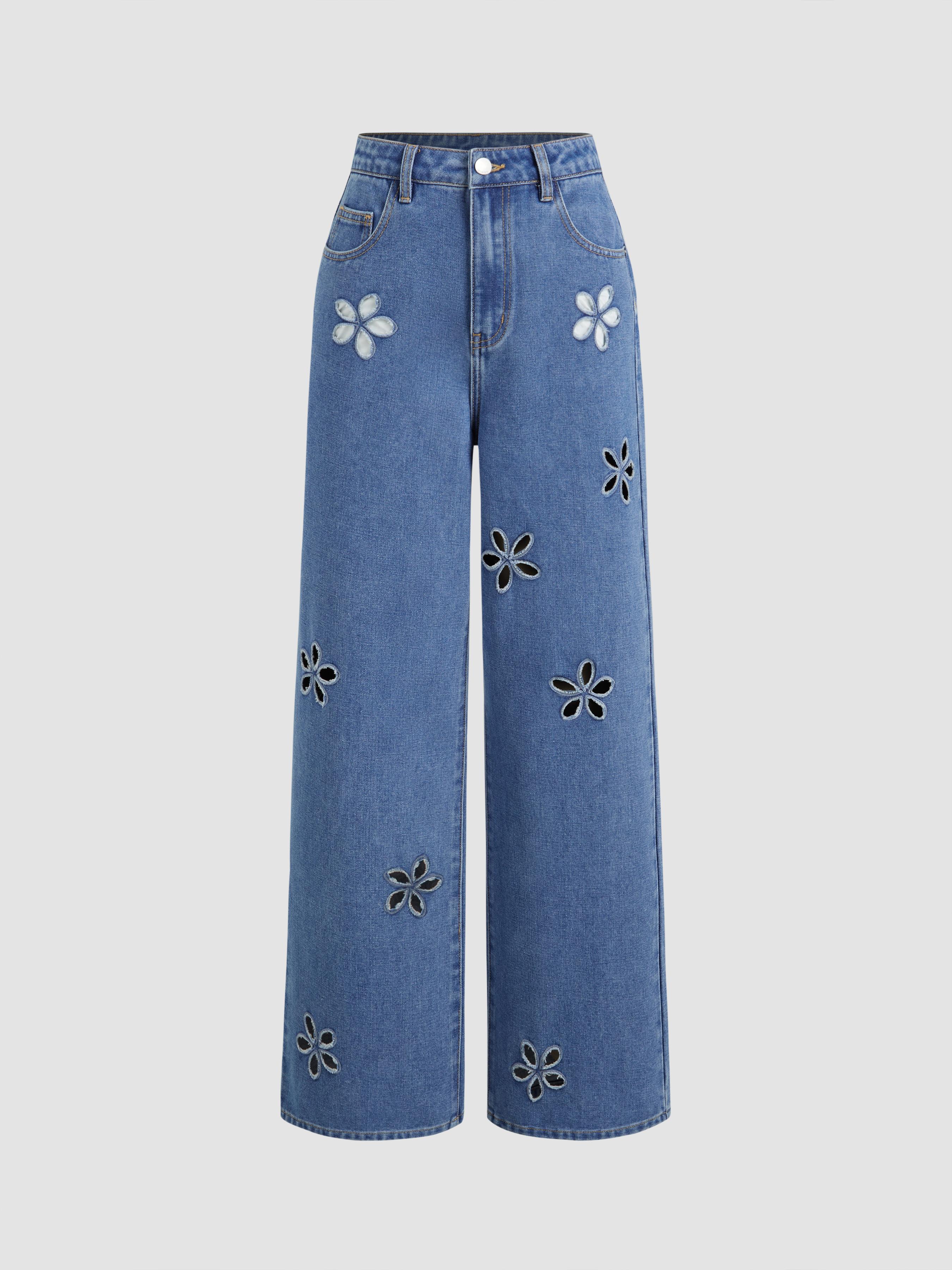 Denim Mid Waist Floral Pocket Wide Leg Jeans by CIDER