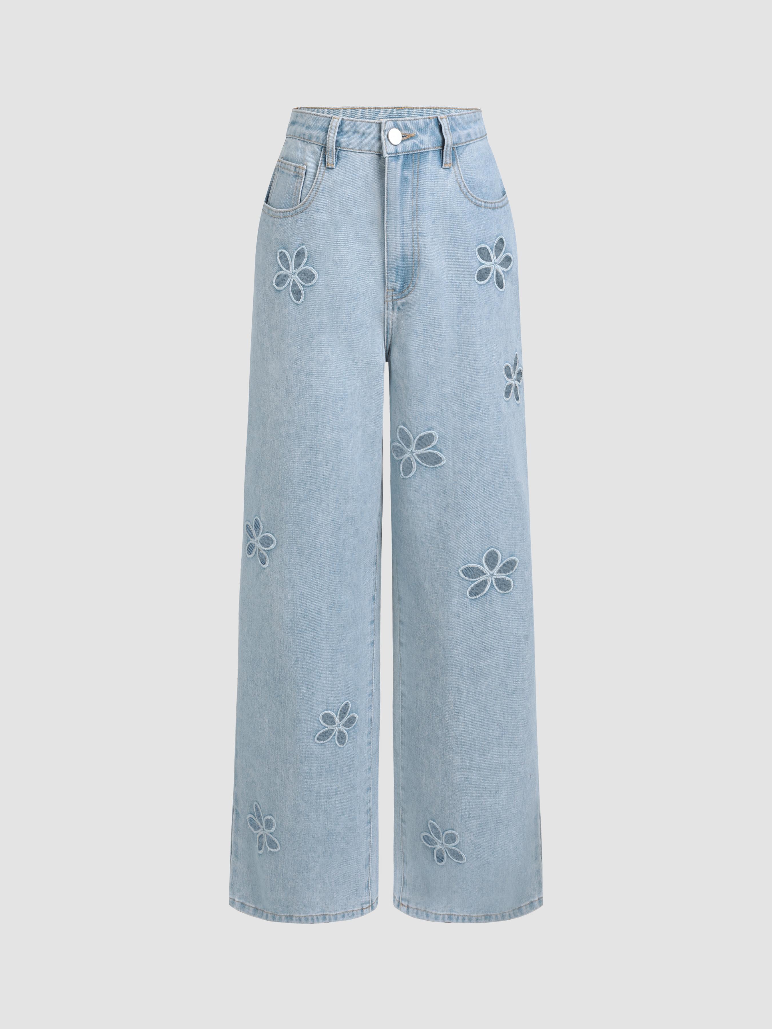 Denim Mid Waist Floral Pocket Wide Leg Jeans by CIDER