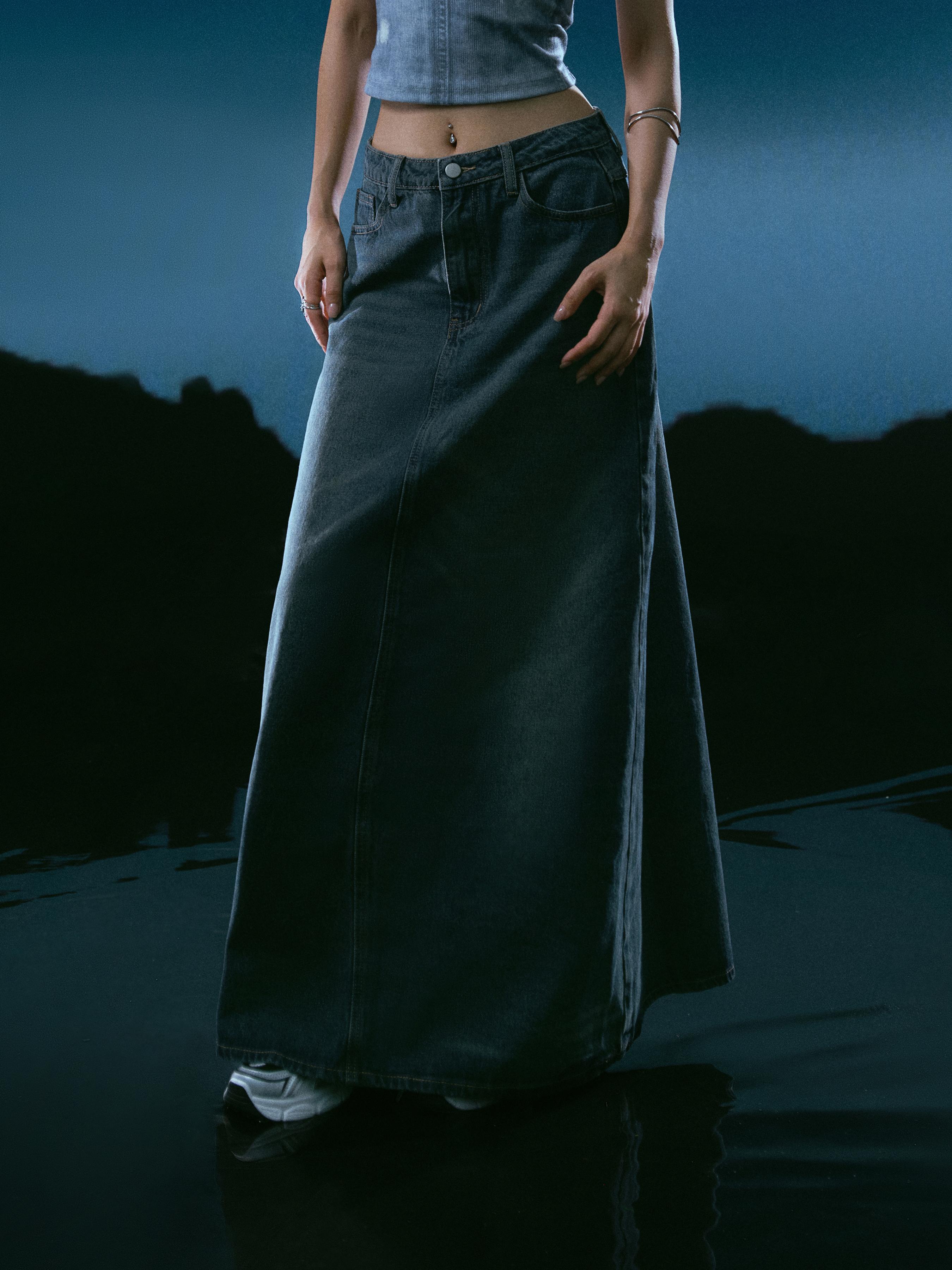 Denim Mid Waist Solid Pocket Maxi Skirt by CIDER