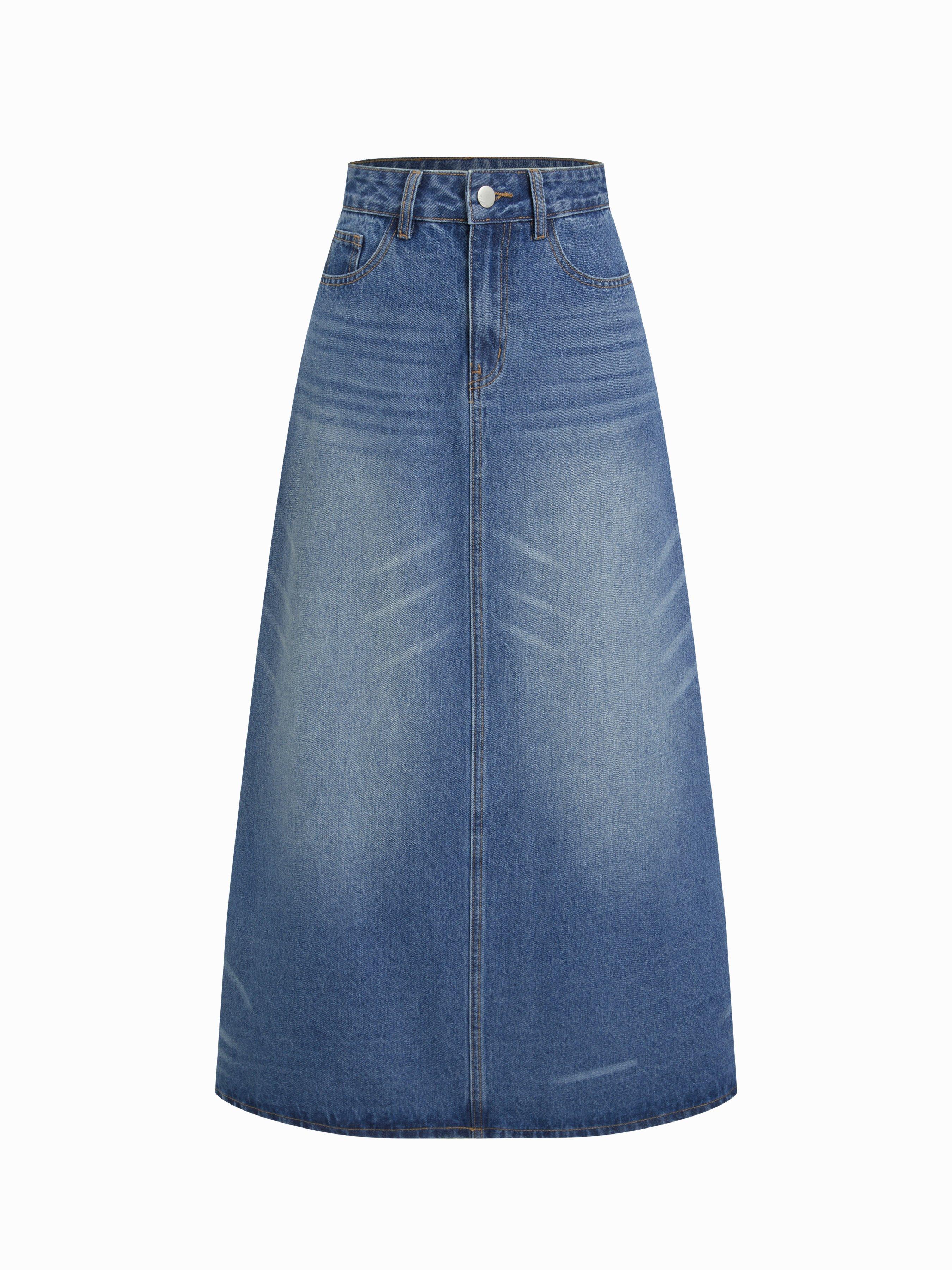 Denim Mid Waist Solid Pocket Maxi Skirt by CIDER