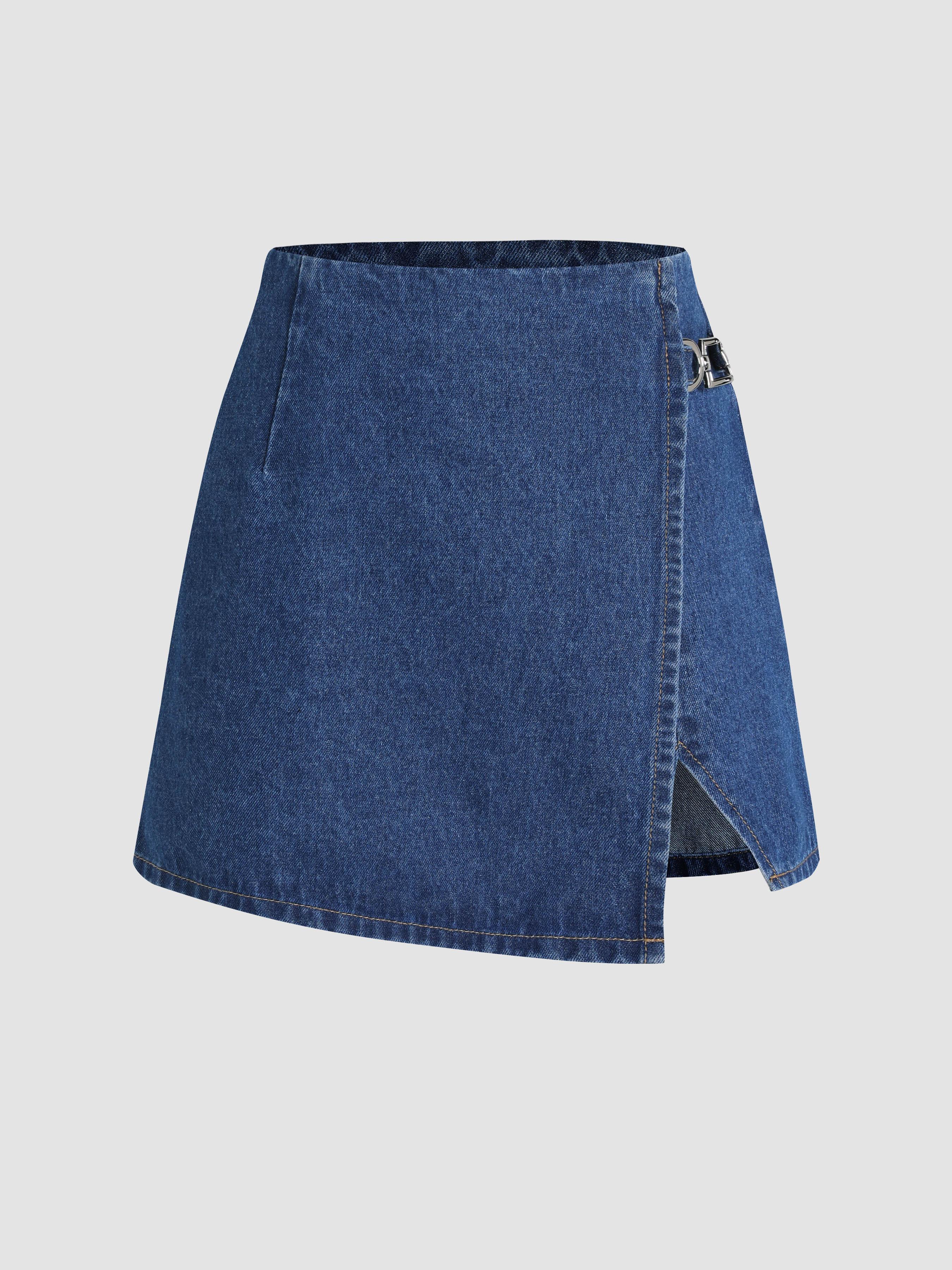 Denim Mid Waist Split Mini Skort by CIDER