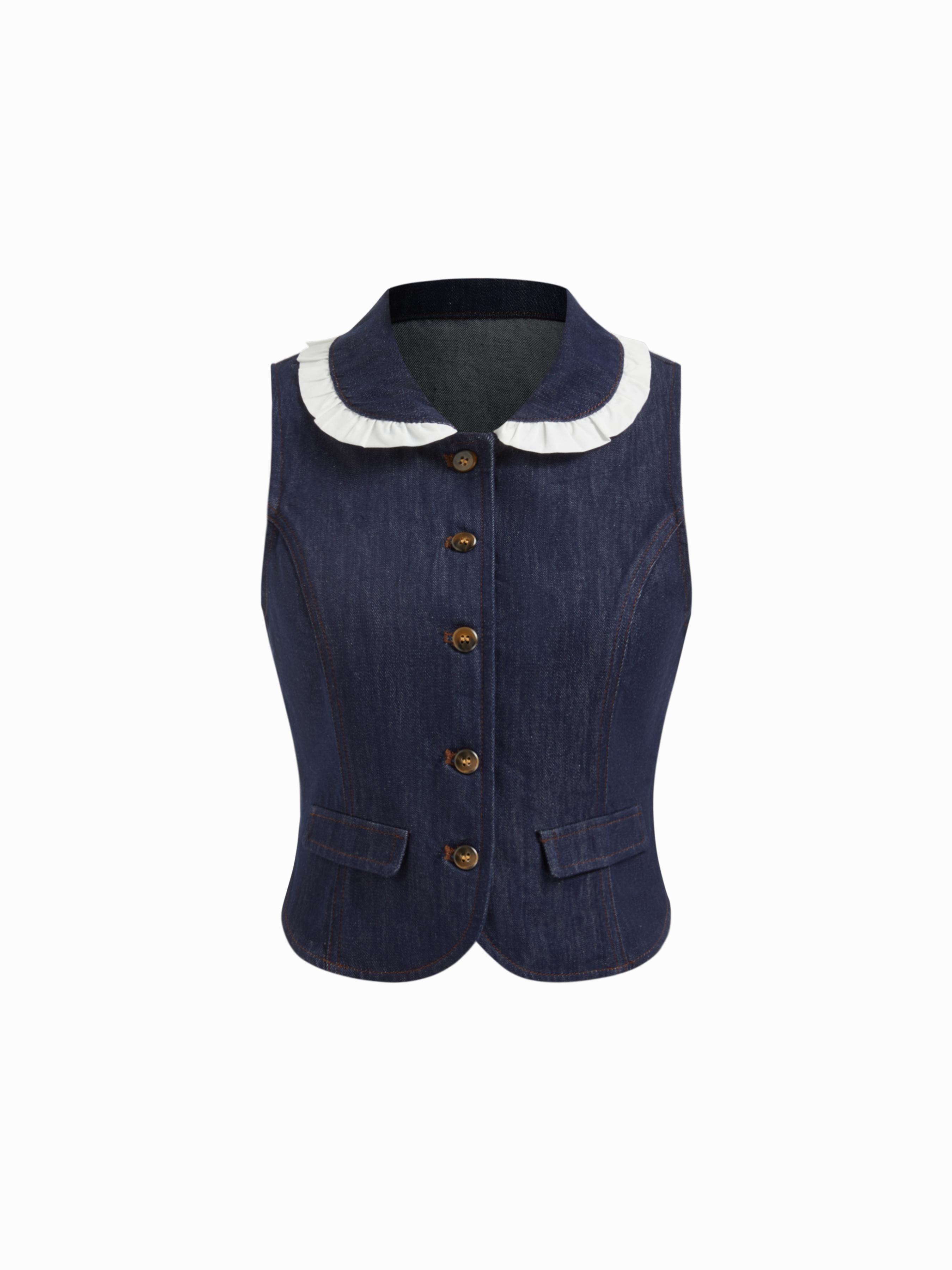 Denim Peter Pan Collar Lettuce Trim Contrasting Binding Vest by CIDER