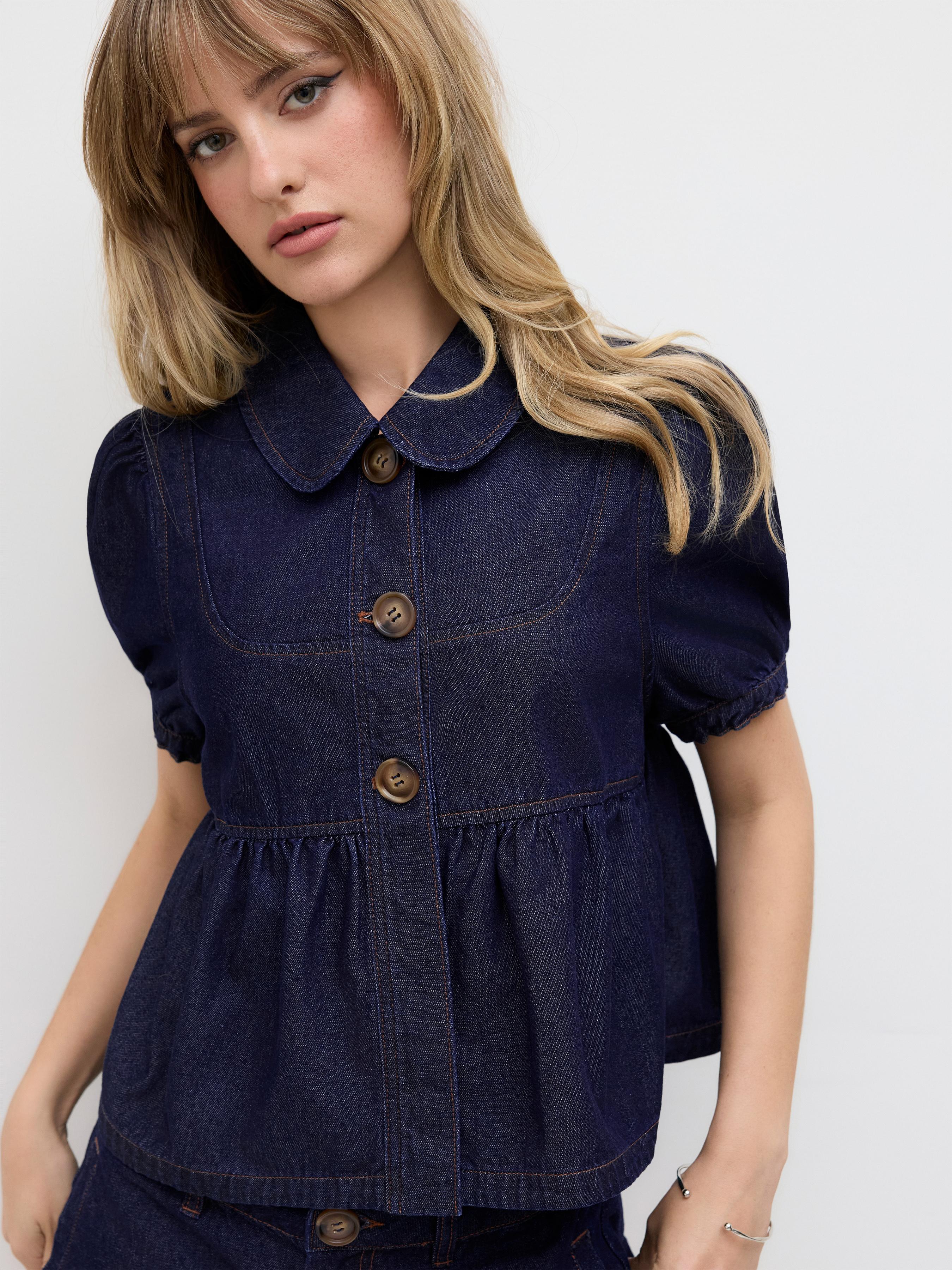 Denim Peter Pan Collar Ruched Puff Sleeve Blouse by CIDER