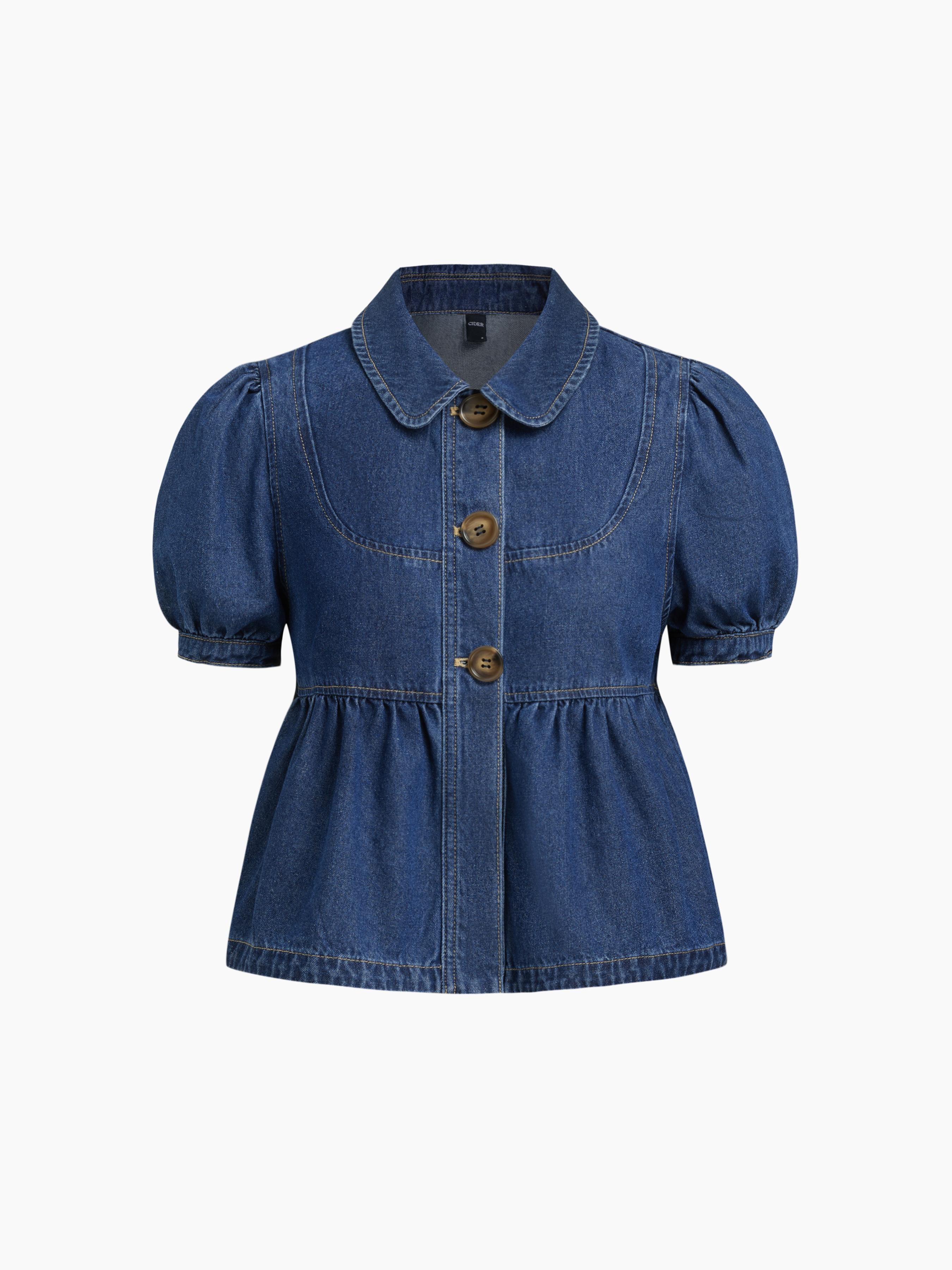 Denim Peter Pan Collar Ruched Puff Sleeve Blouse by CIDER Denim Peter Pan Collar Ruched Puff Sleeve Blouse by CIDER