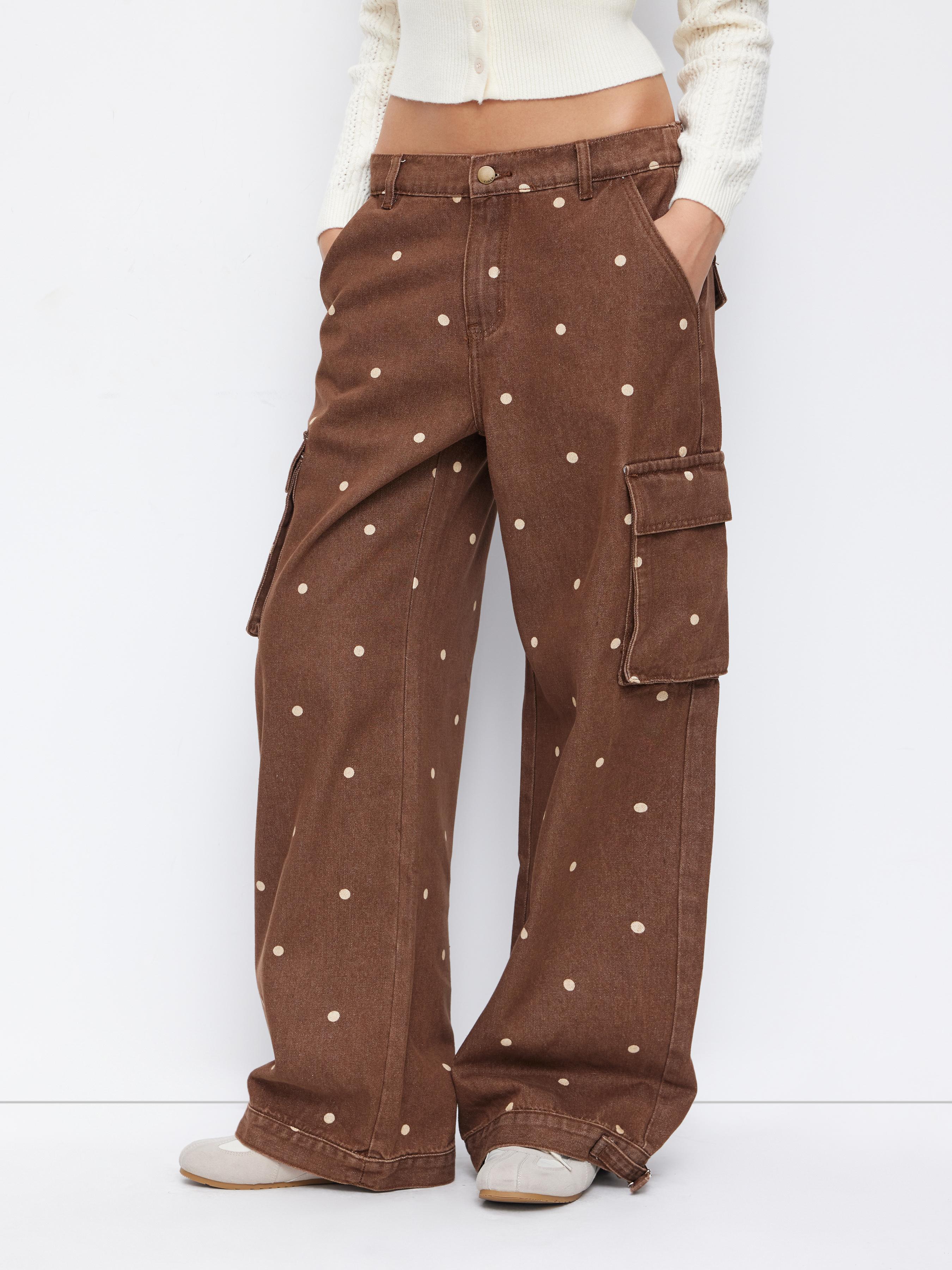 Denim Polka Dot Low Rise Oversized Wide Leg Cargo Jeans by CIDER
