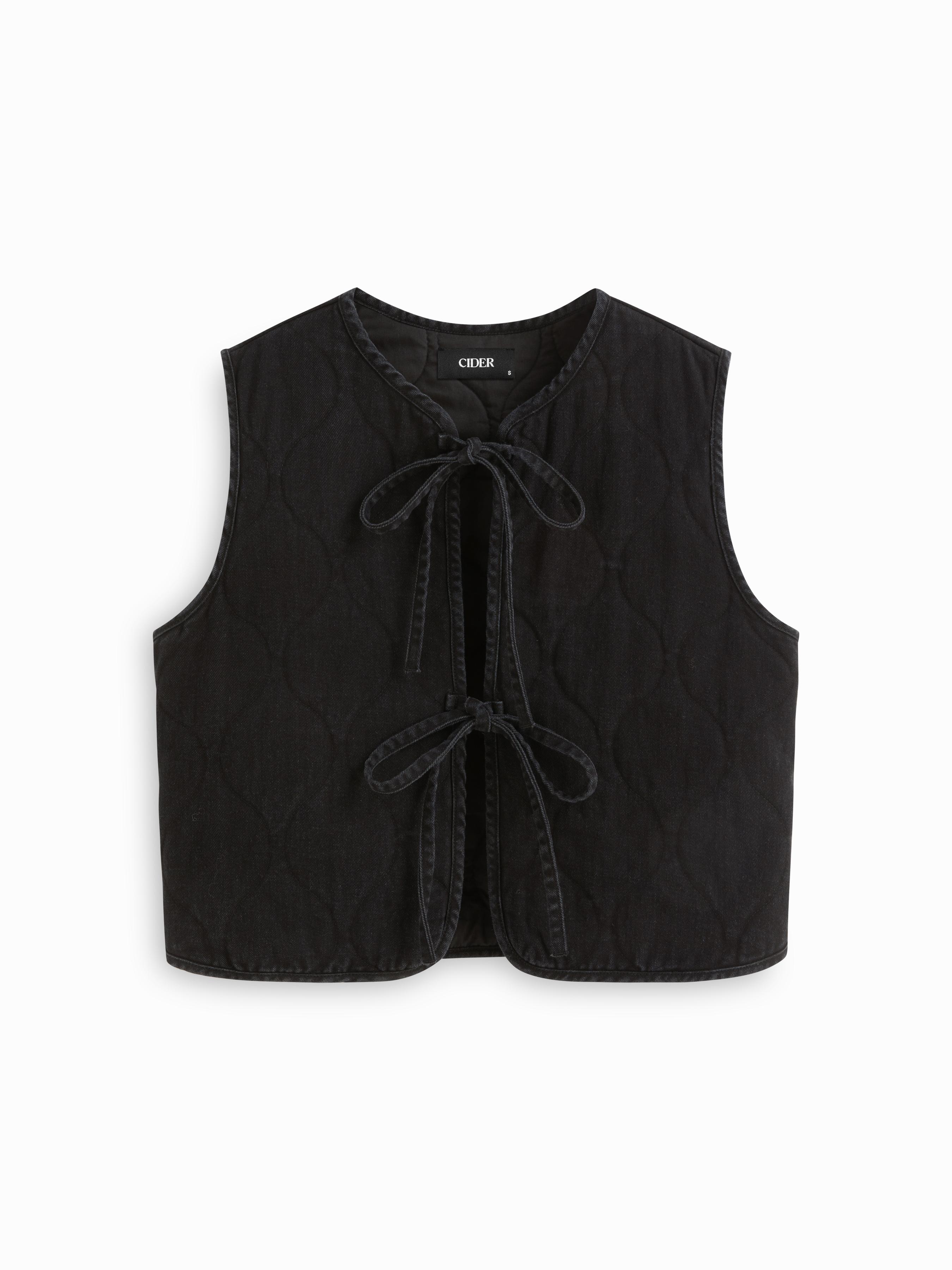 Denim Round Neckline Solid Tie Front Knotted Vest by CIDER