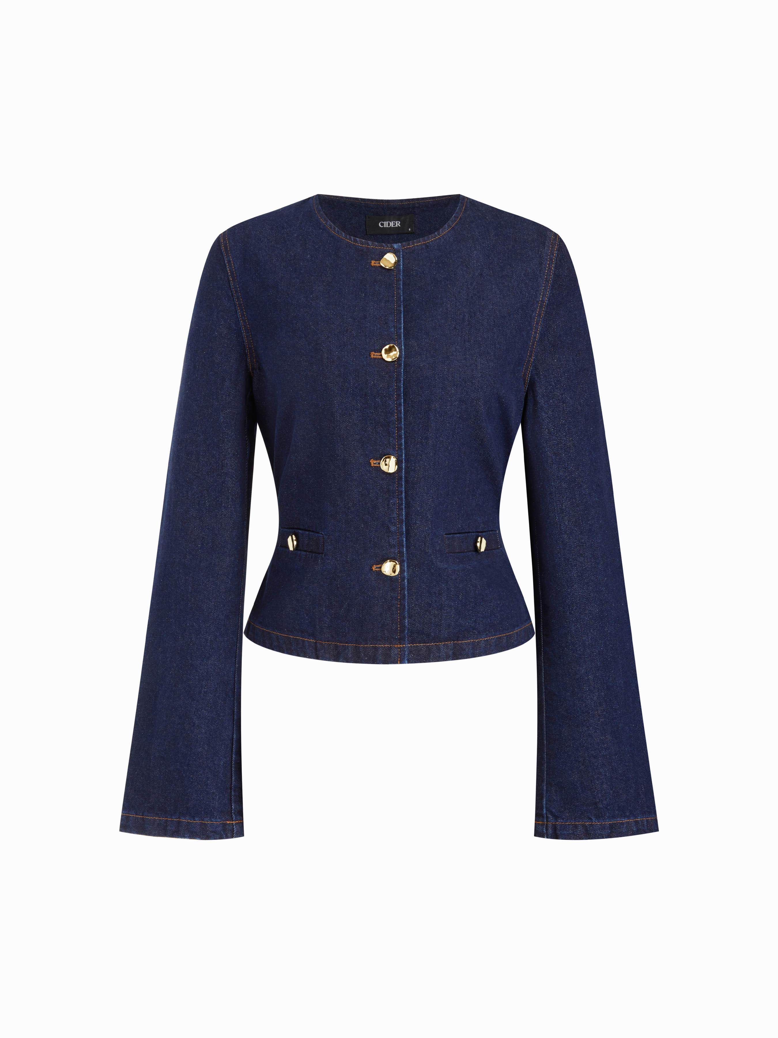Denim Round Neckline Tie Back Cinched Waist Metal Button Jacket by CIDER