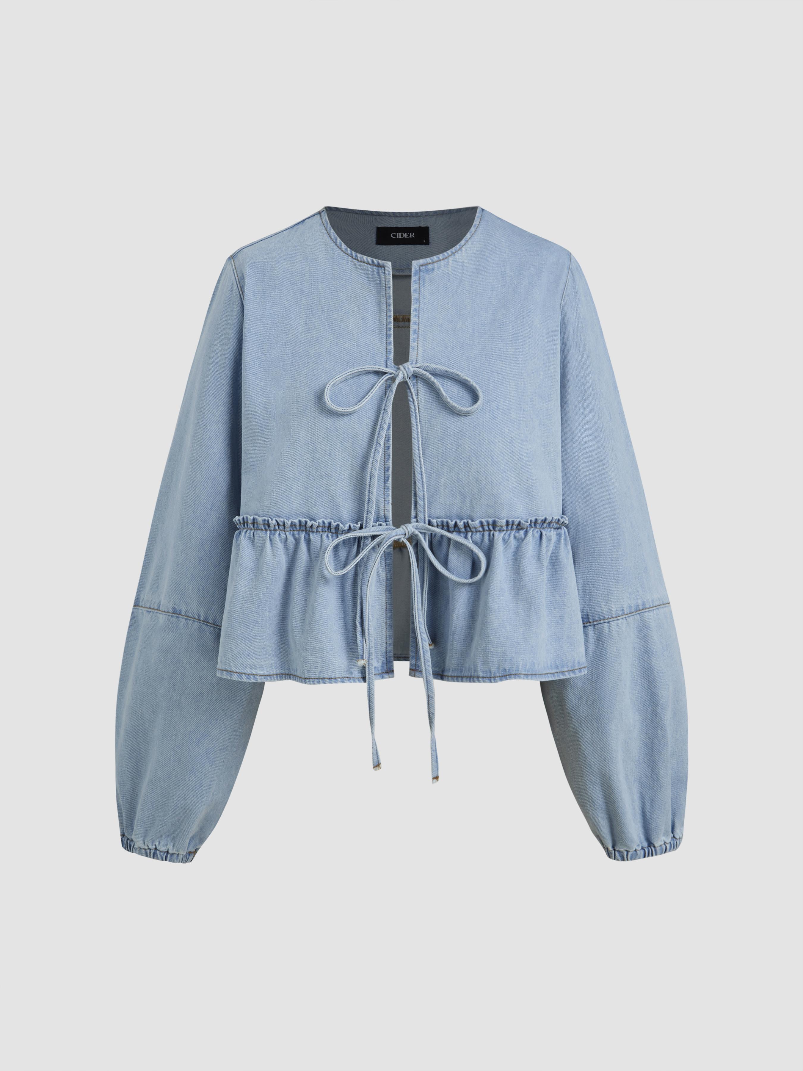 Denim Round Neckline Tie Front Ruffle Hem Jacket by CIDER
