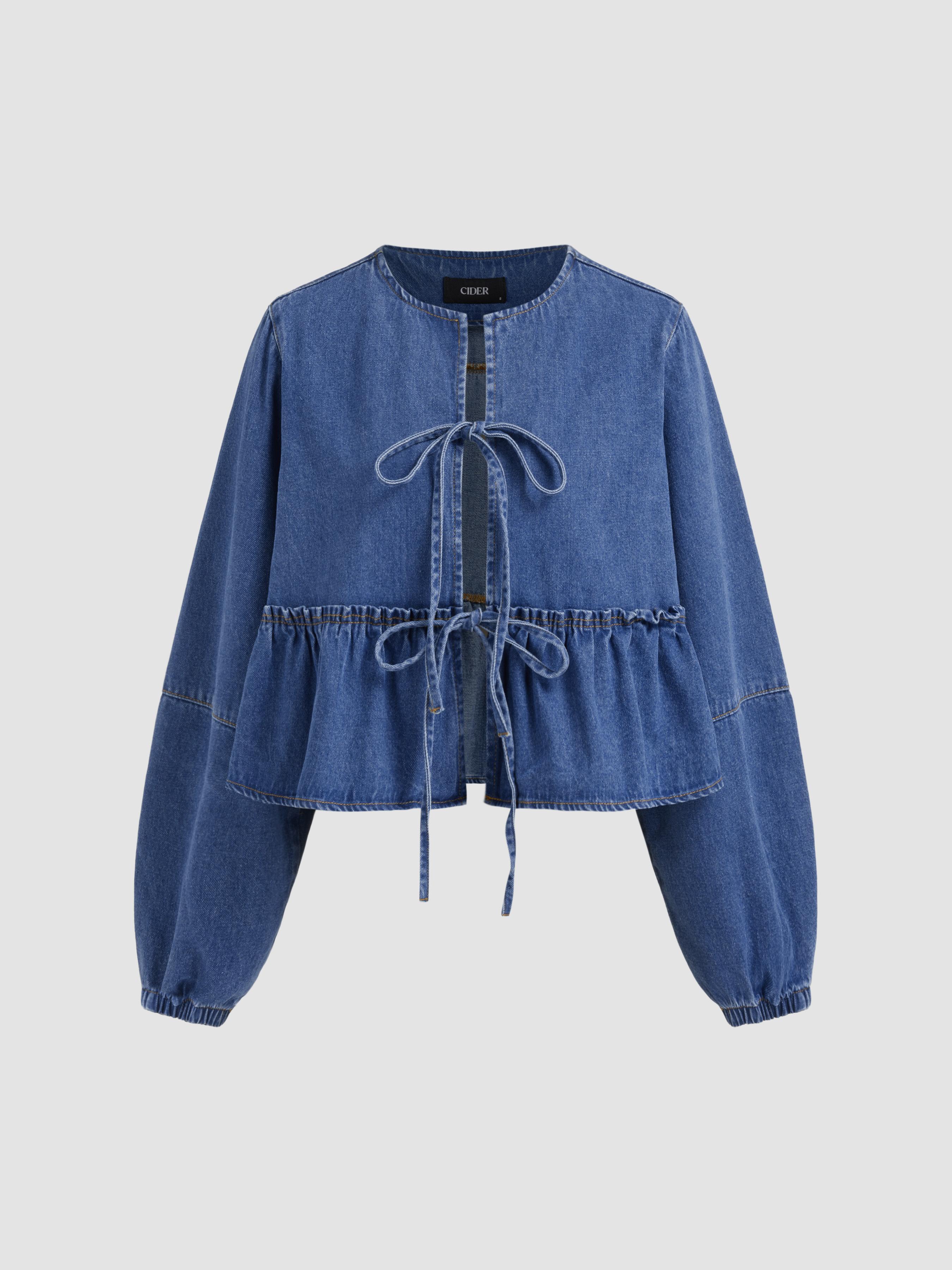 Denim Round Neckline Tie Front Ruffle Hem Jacket by CIDER