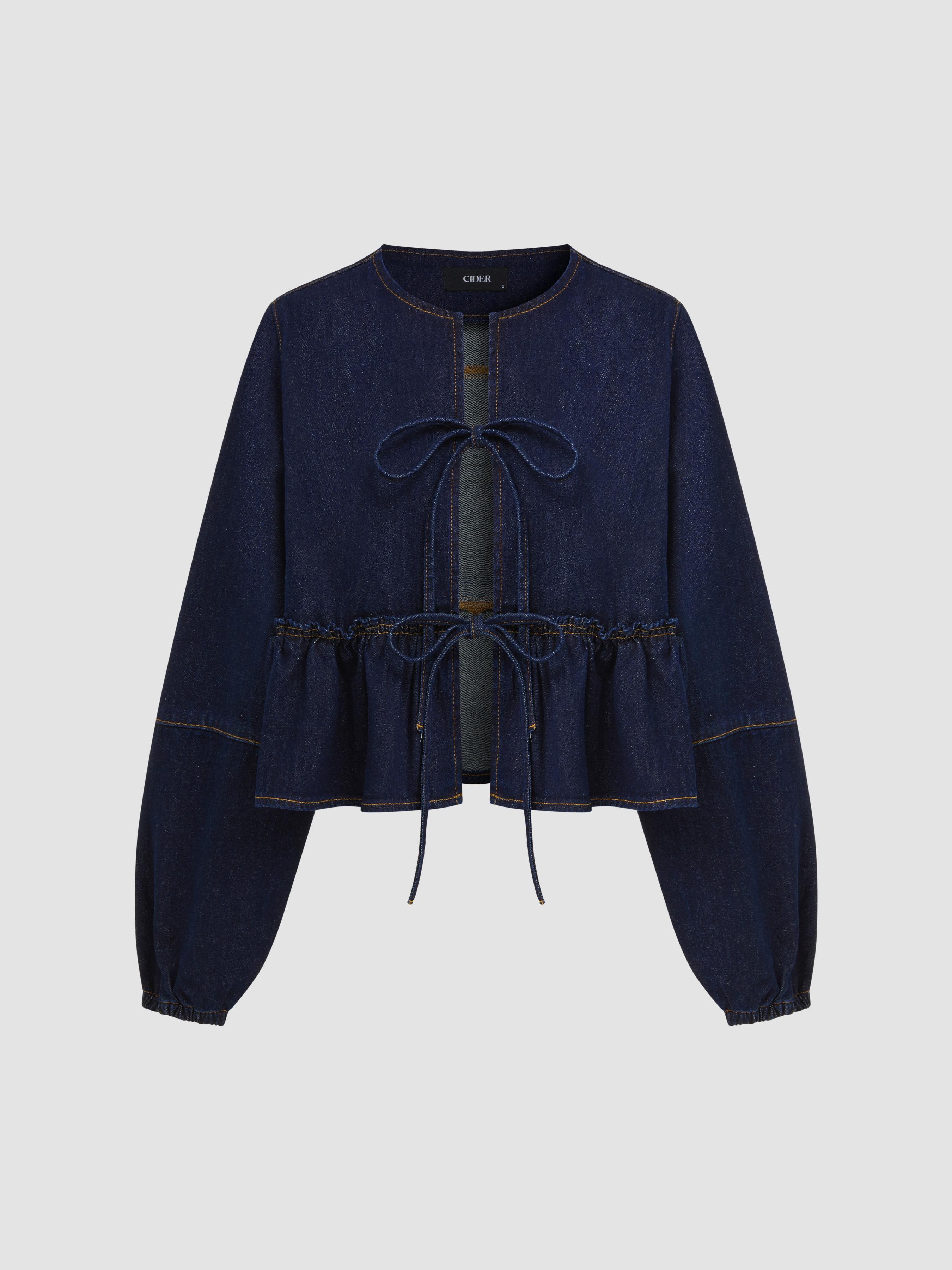 Denim Round Neckline Tie Front Ruffle Hem Jacket by CIDER